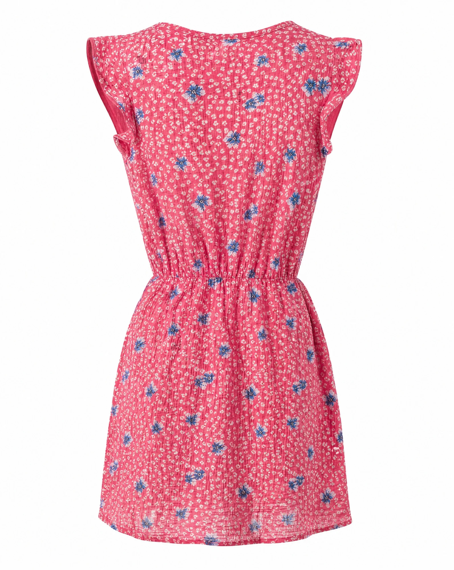 Raspberry Pink Ditsy-Floral Ruffle-Sleeve Mini Dress — Raspberry Pink Coral-Red base with Ivo — beach wear — VAUDRE numbered luxury — view 3