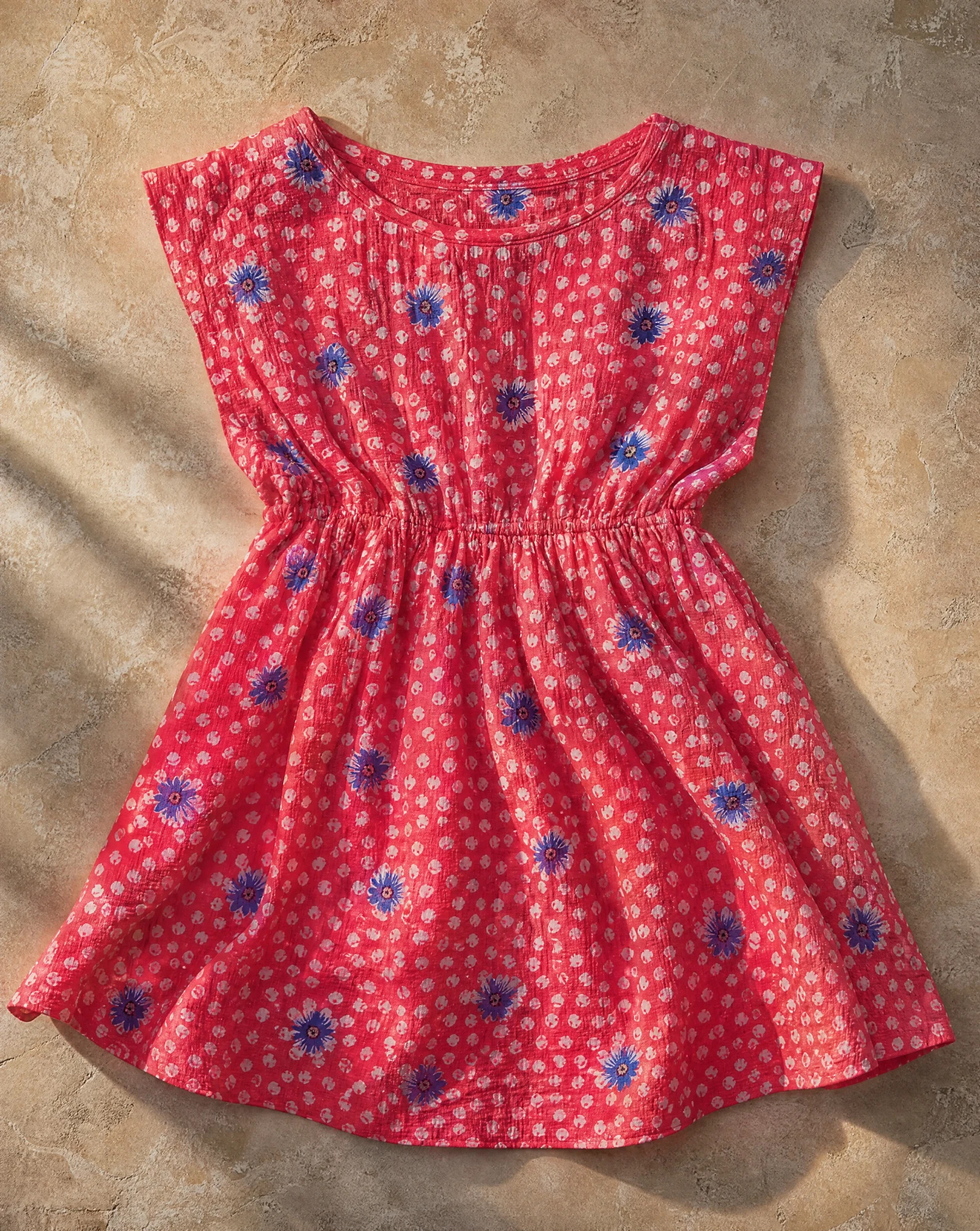 Raspberry Pink Ditsy-Floral Ruffle-Sleeve Mini Dress — Raspberry Pink Coral-Red base with Ivo — beach wear — VAUDRE numbered luxury — view 5