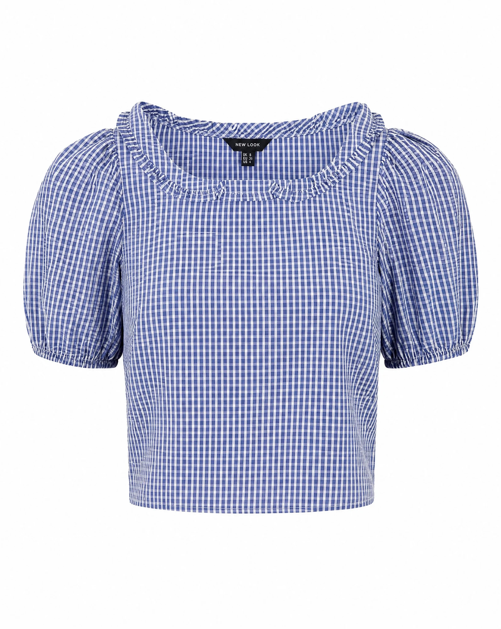 Blue Gingham Ruffle-Collar Puff-Sleeve Cropped Top — Cornflower Blue & White Gingham Check — crop tops — VAUDRE numbered luxury