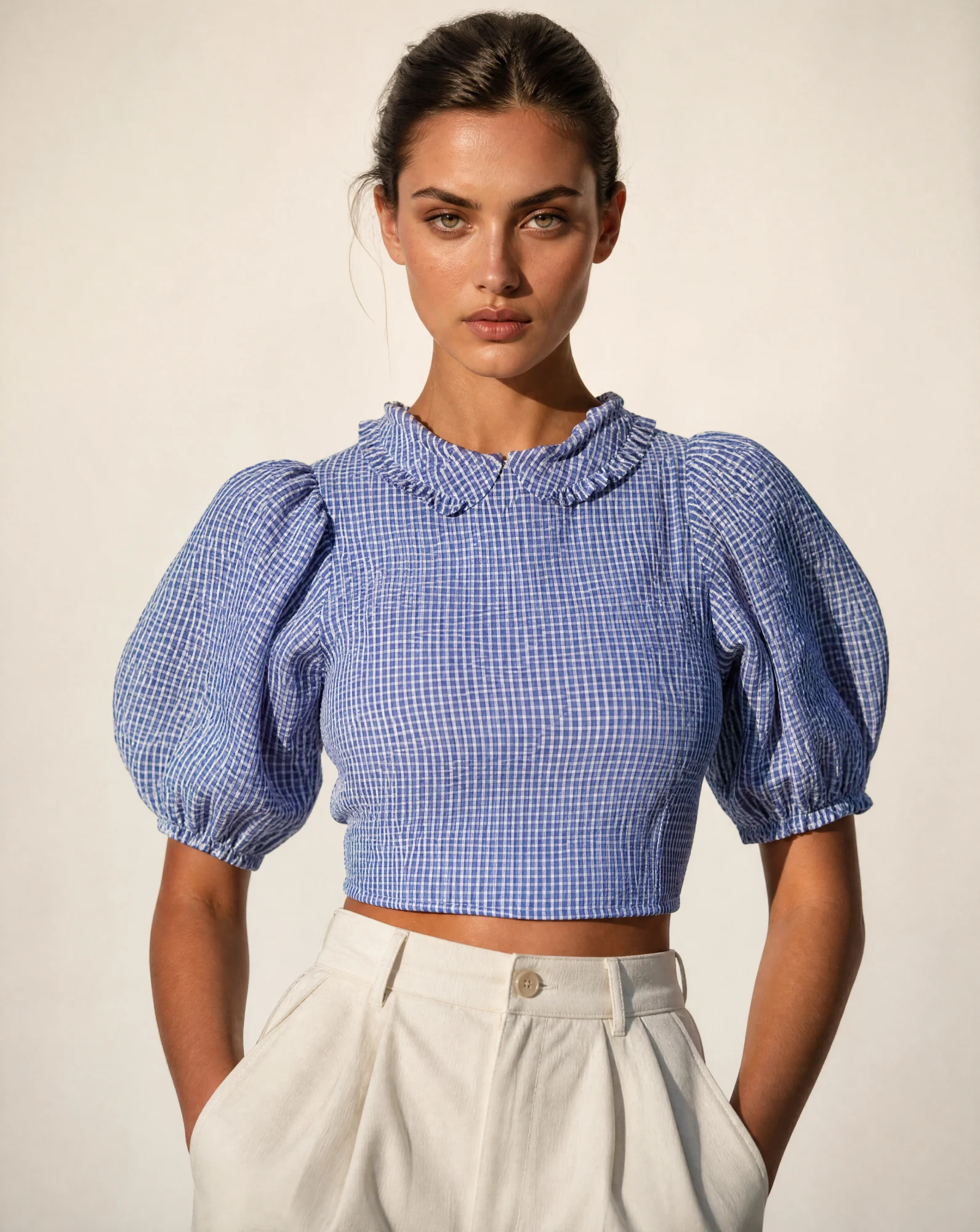 Blue Gingham Ruffle-Collar Puff-Sleeve Cropped Top — Cornflower Blue & White Gingham Check — crop tops — VAUDRE numbered luxury — view 2