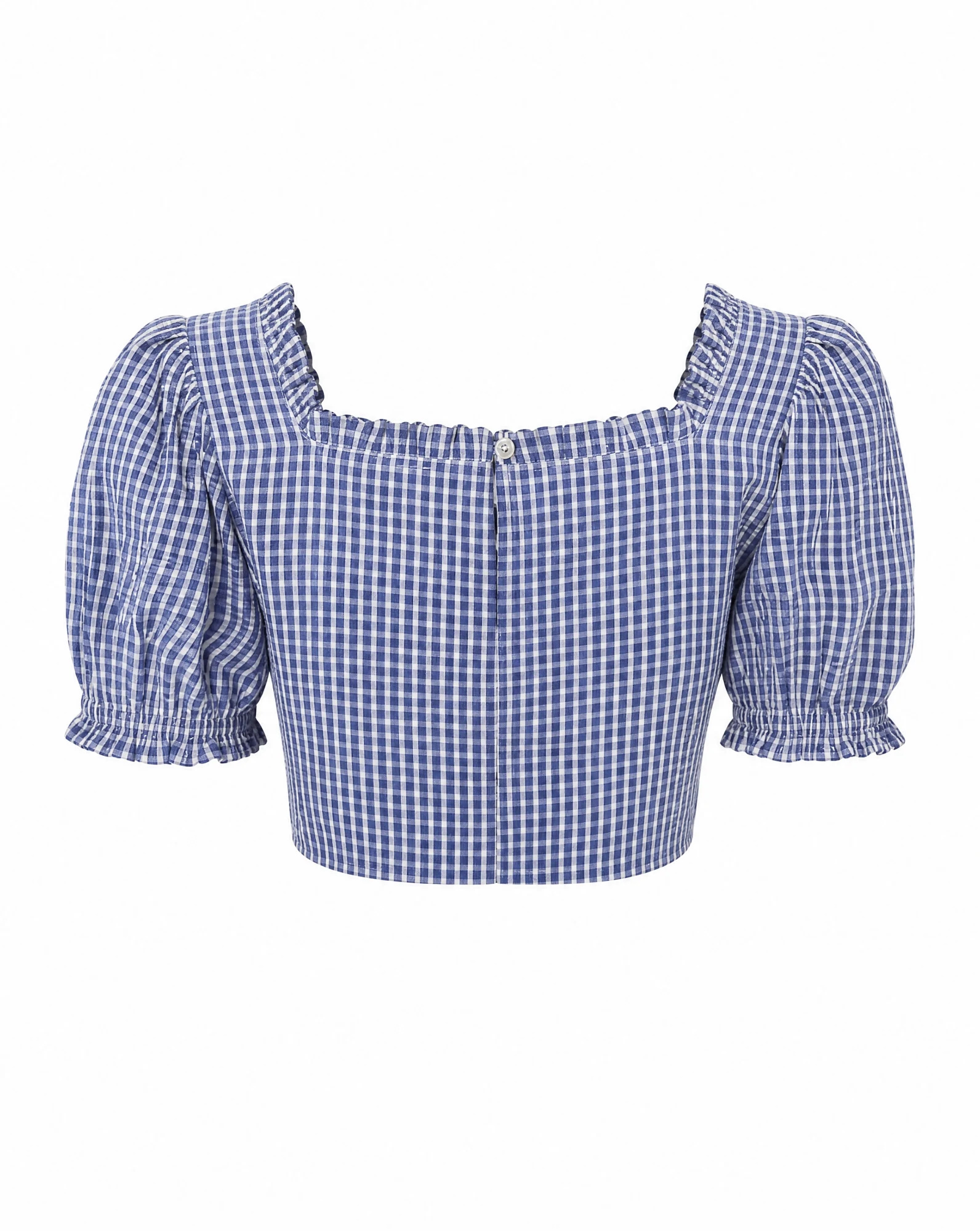 Blue Gingham Ruffle-Collar Puff-Sleeve Cropped Top — Cornflower Blue & White Gingham Check — crop tops — VAUDRE numbered luxury — view 3