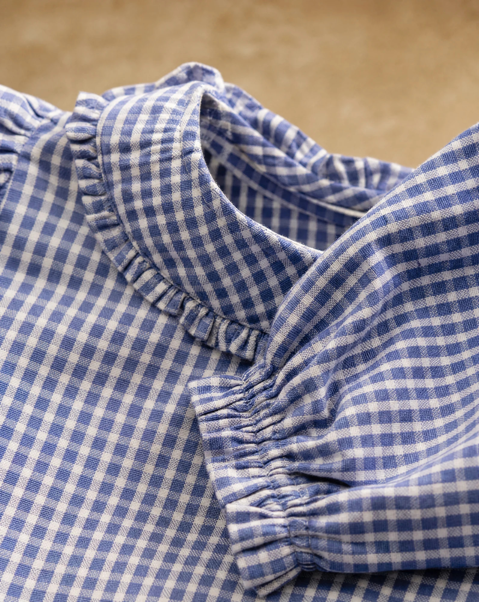 Blue Gingham Ruffle-Collar Puff-Sleeve Cropped Top — Cornflower Blue & White Gingham Check — crop tops — VAUDRE numbered luxury — view 4