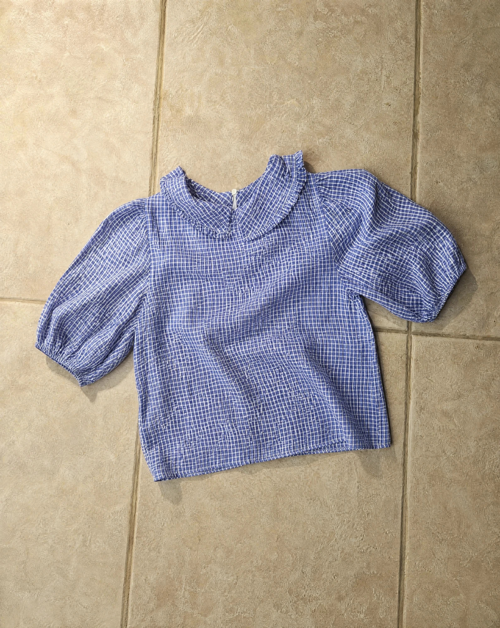 Blue Gingham Ruffle-Collar Puff-Sleeve Cropped Top — Cornflower Blue & White Gingham Check — crop tops — VAUDRE numbered luxury — view 5