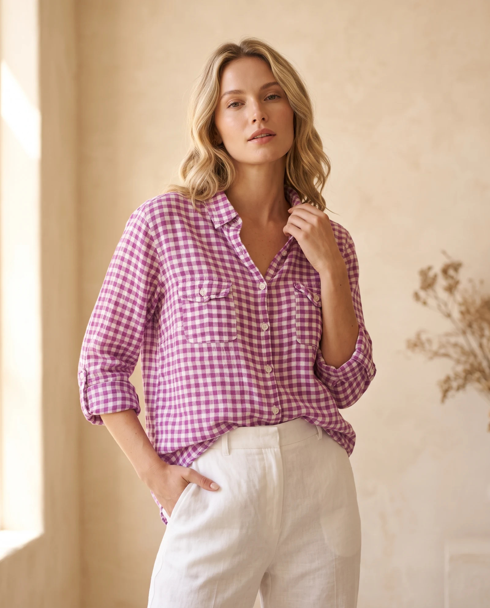 Orchid Purple Gingham Dual-Pocket Roll-Sleeve Shirt — Orchid Purple Magenta & White Gingham — the blouses — VAUDRE numbered luxury