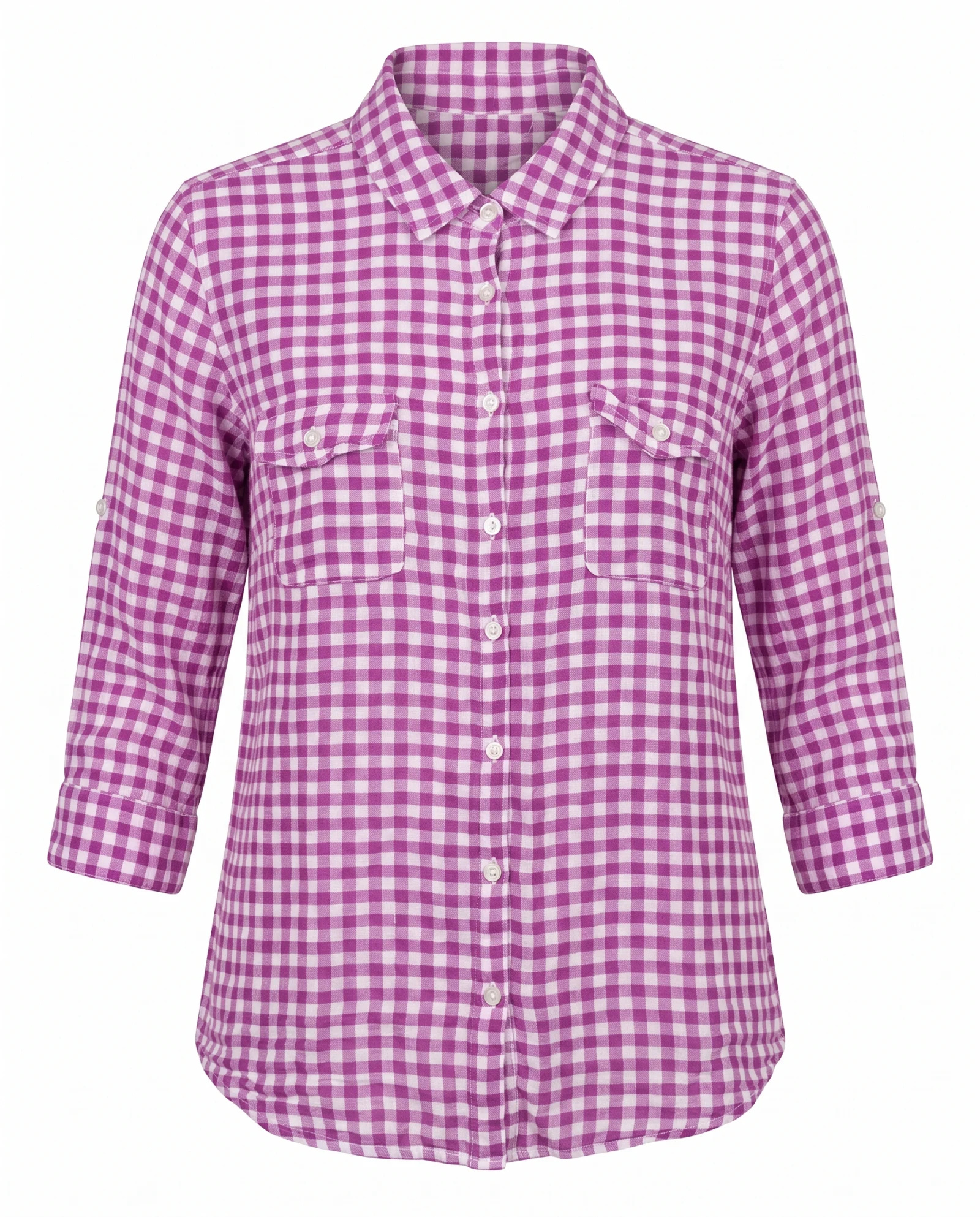 Orchid Purple Gingham Dual-Pocket Roll-Sleeve Shirt — Orchid Purple Magenta & White Gingham — the blouses — VAUDRE numbered luxury — view 2