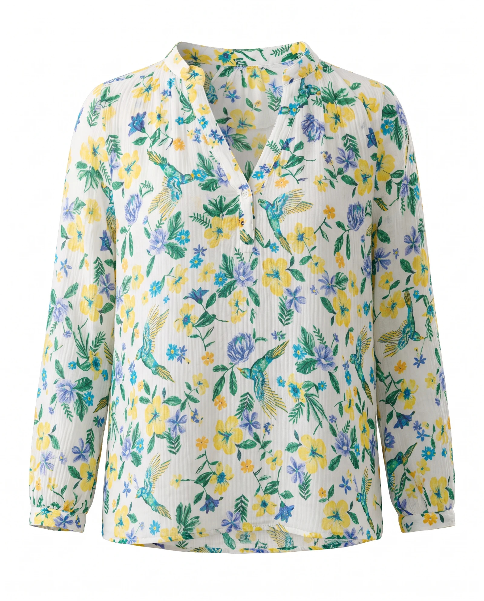 Ivory Hummingbird Floral Split-Neck Blouse — Ivory White base with Yellow Cornflower — the blouses — VAUDRE numbered luxury