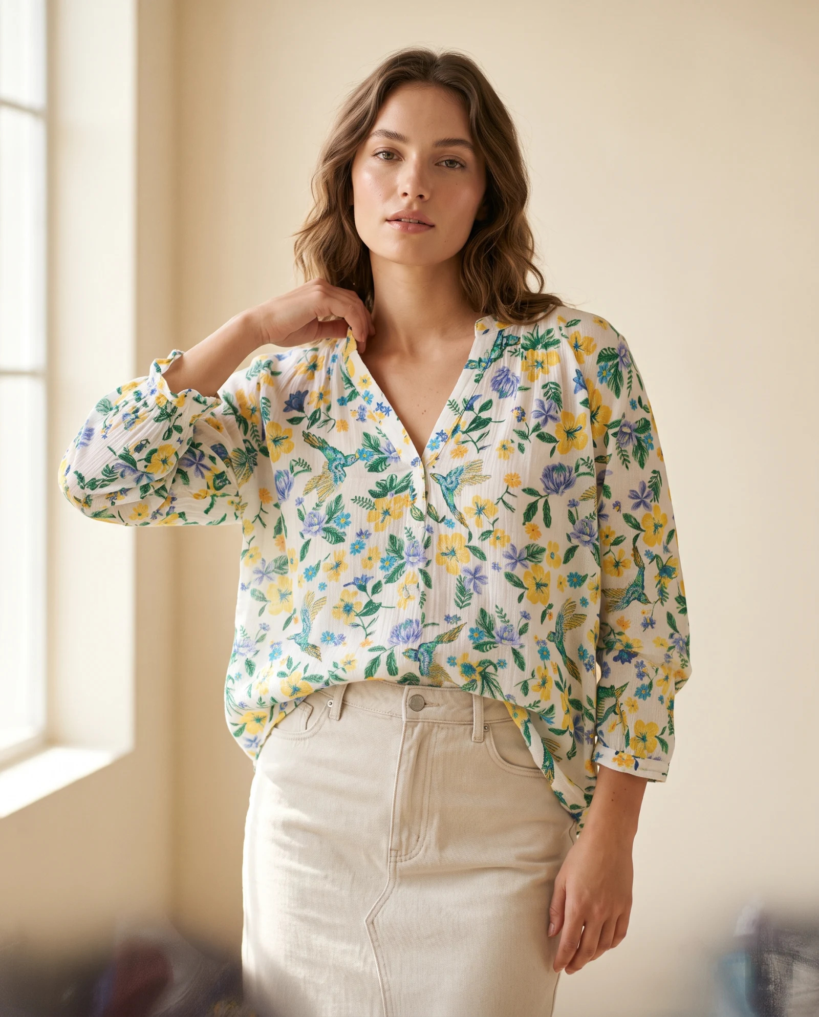 Ivory Hummingbird Floral Split-Neck Blouse — Ivory White base with Yellow Cornflower — the blouses — VAUDRE numbered luxury — view 2