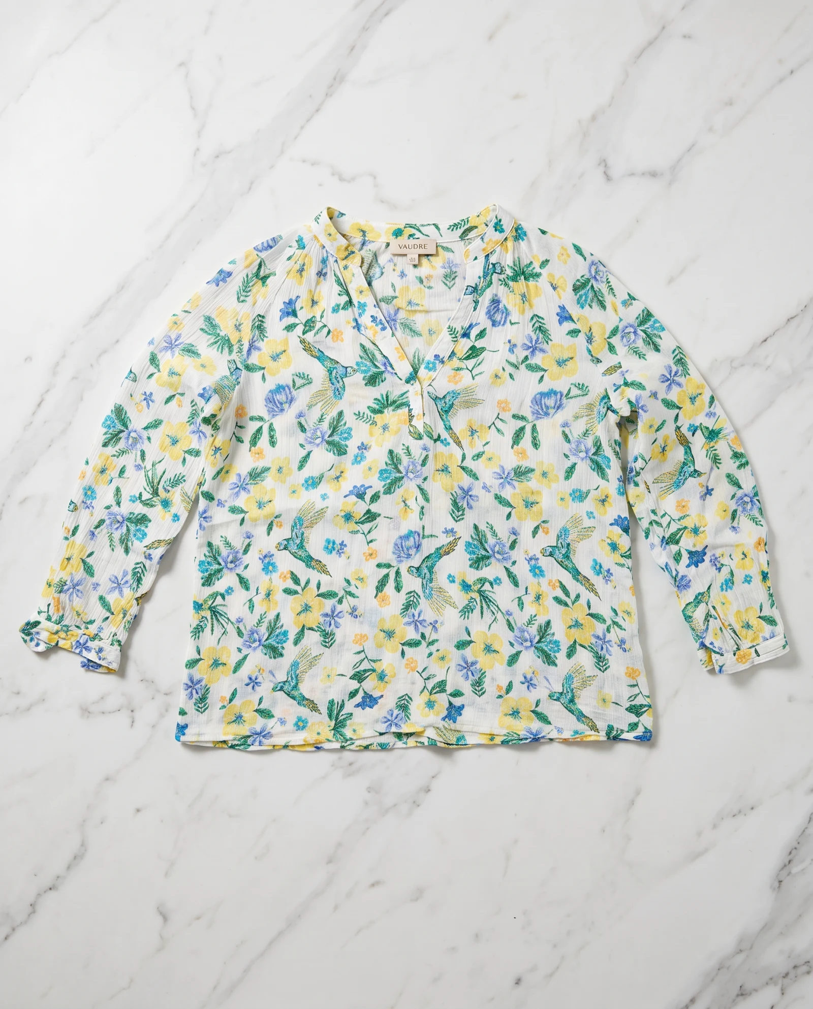Ivory Hummingbird Floral Split-Neck Blouse — Ivory White base with Yellow Cornflower — the blouses — VAUDRE numbered luxury — view 3