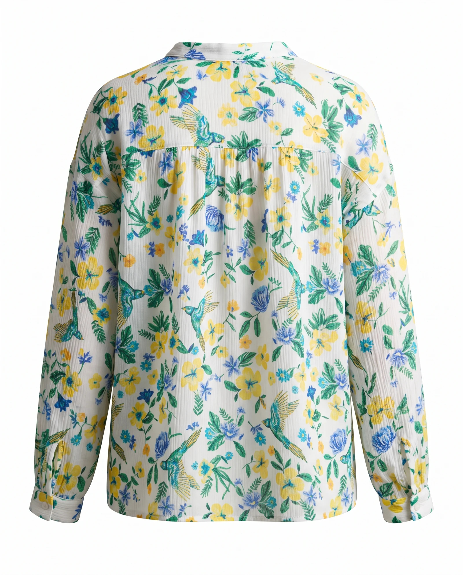 Ivory Hummingbird Floral Split-Neck Blouse — Ivory White base with Yellow Cornflower — the blouses — VAUDRE numbered luxury — view 4