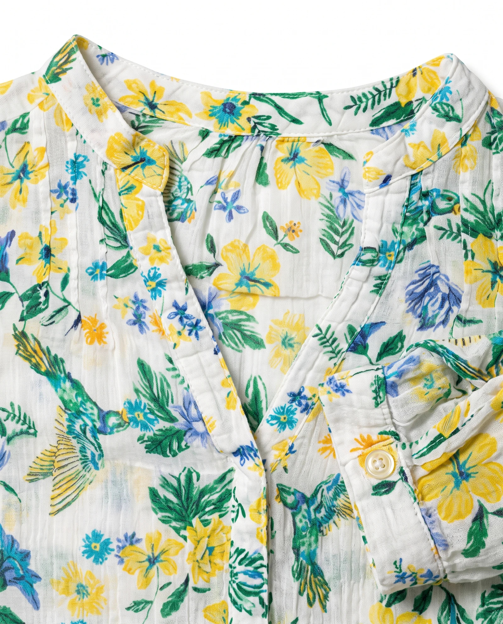 Ivory Hummingbird Floral Split-Neck Blouse — Ivory White base with Yellow Cornflower — the blouses — VAUDRE numbered luxury — view 5