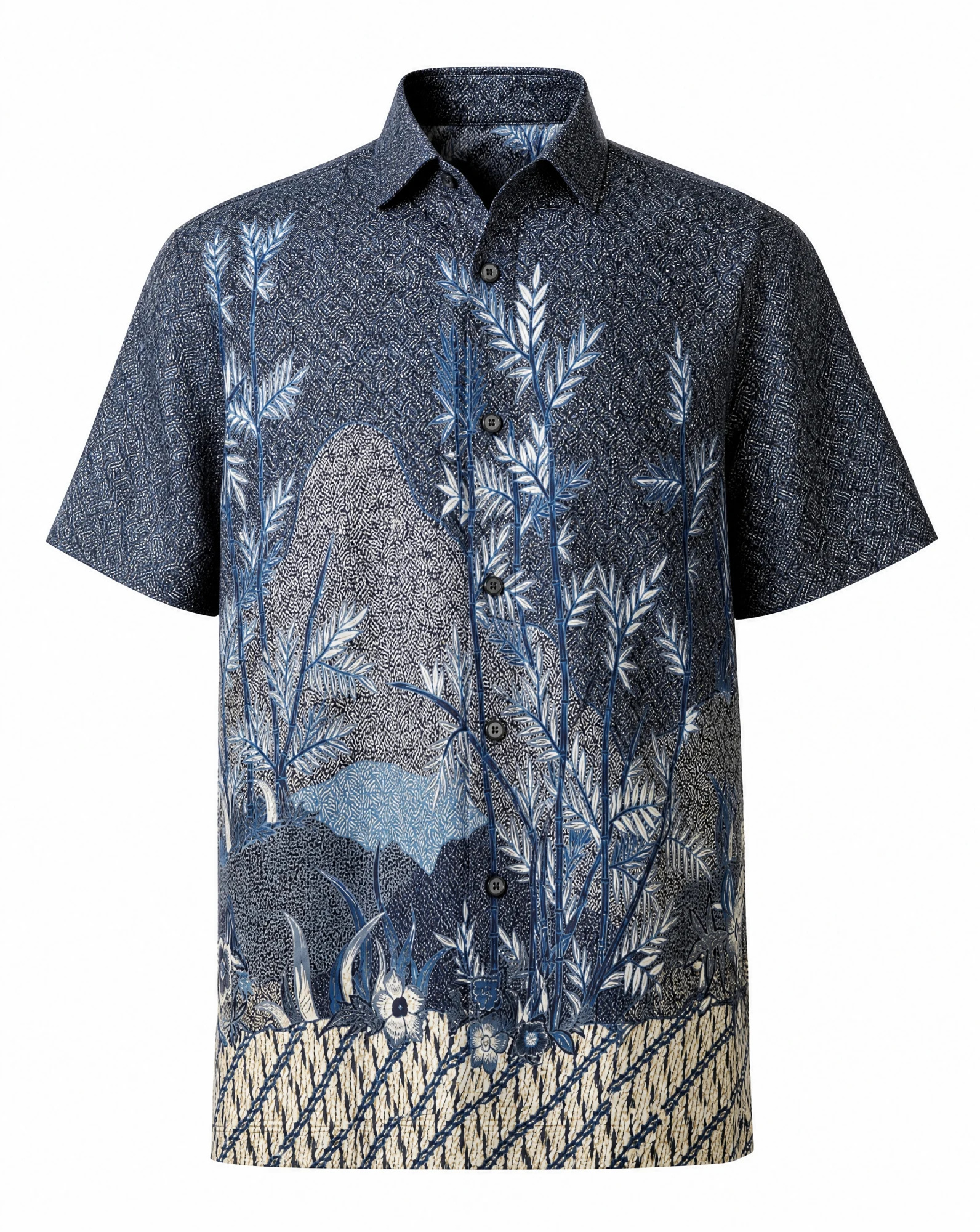 Indigo Batik Bamboo-Garden Short-Sleeve Camp Shirt — Deep Indigo Navy base with Sky-Blue Ivo — the printed t-shirts & shirts — VAUDRE numbered luxury