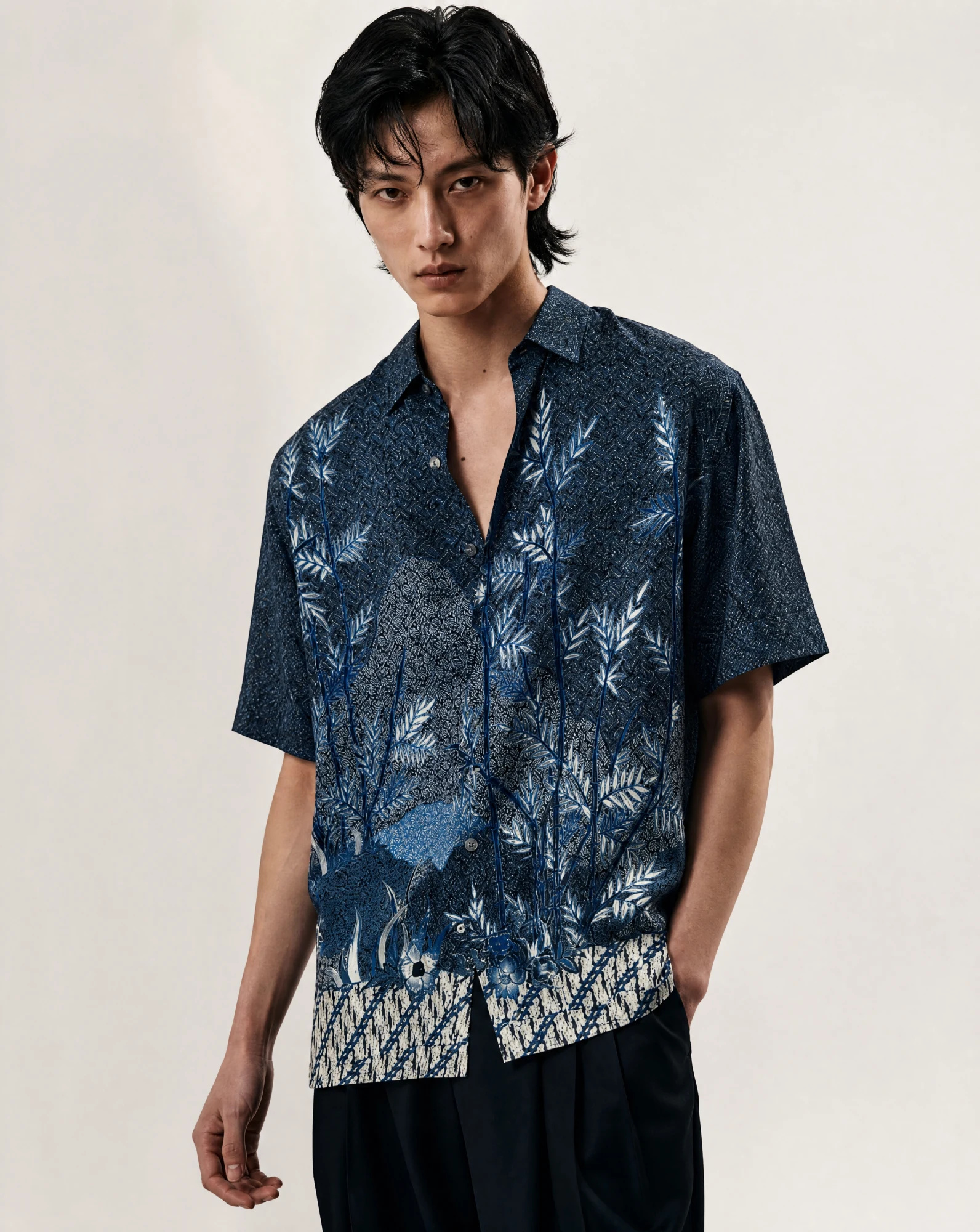 Indigo Batik Bamboo-Garden Short-Sleeve Camp Shirt — Deep Indigo Navy base with Sky-Blue Ivo — the printed t-shirts & shirts — VAUDRE numbered luxury — view 2