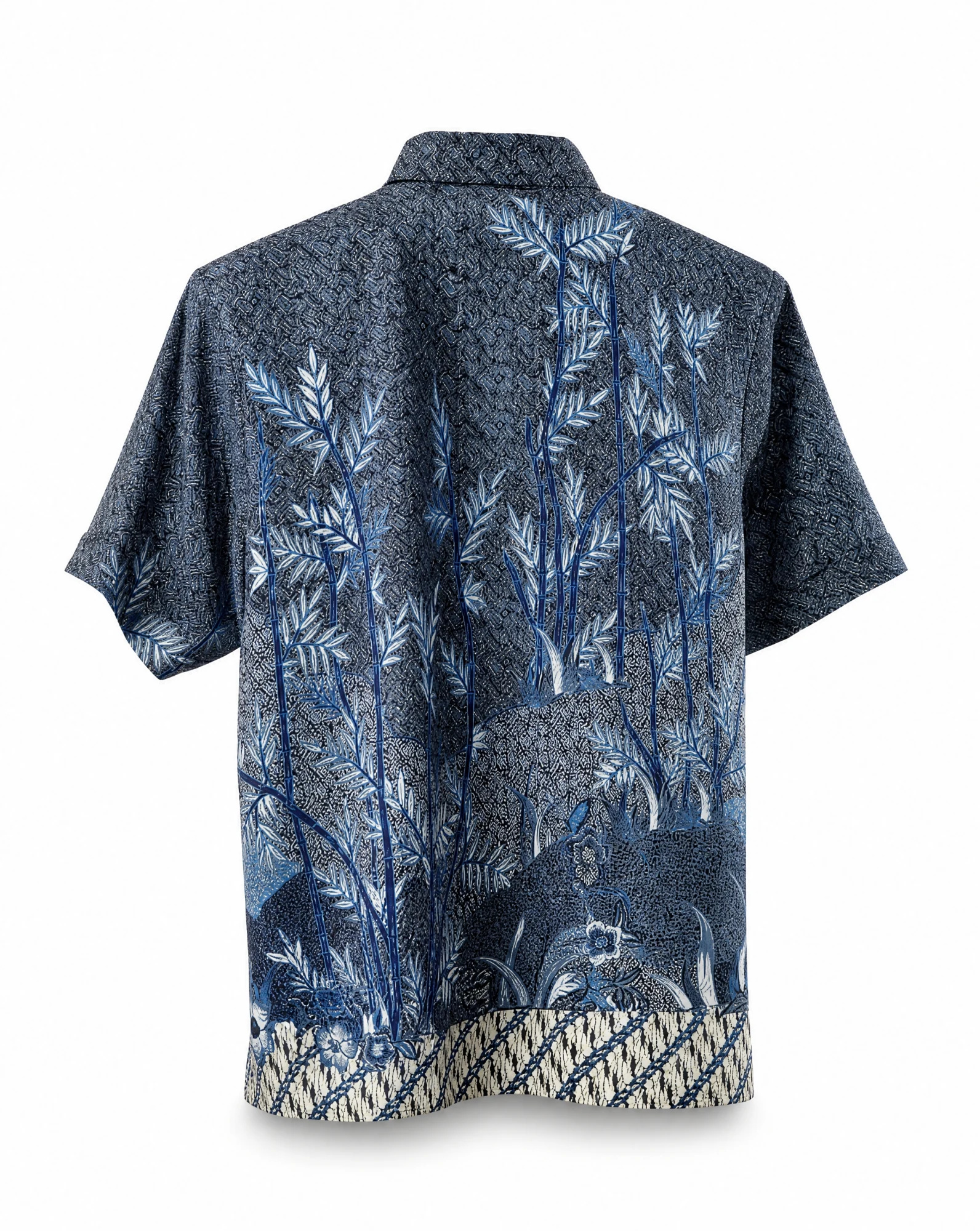 Indigo Batik Bamboo-Garden Short-Sleeve Camp Shirt — Deep Indigo Navy base with Sky-Blue Ivo — the printed t-shirts & shirts — VAUDRE numbered luxury — view 3