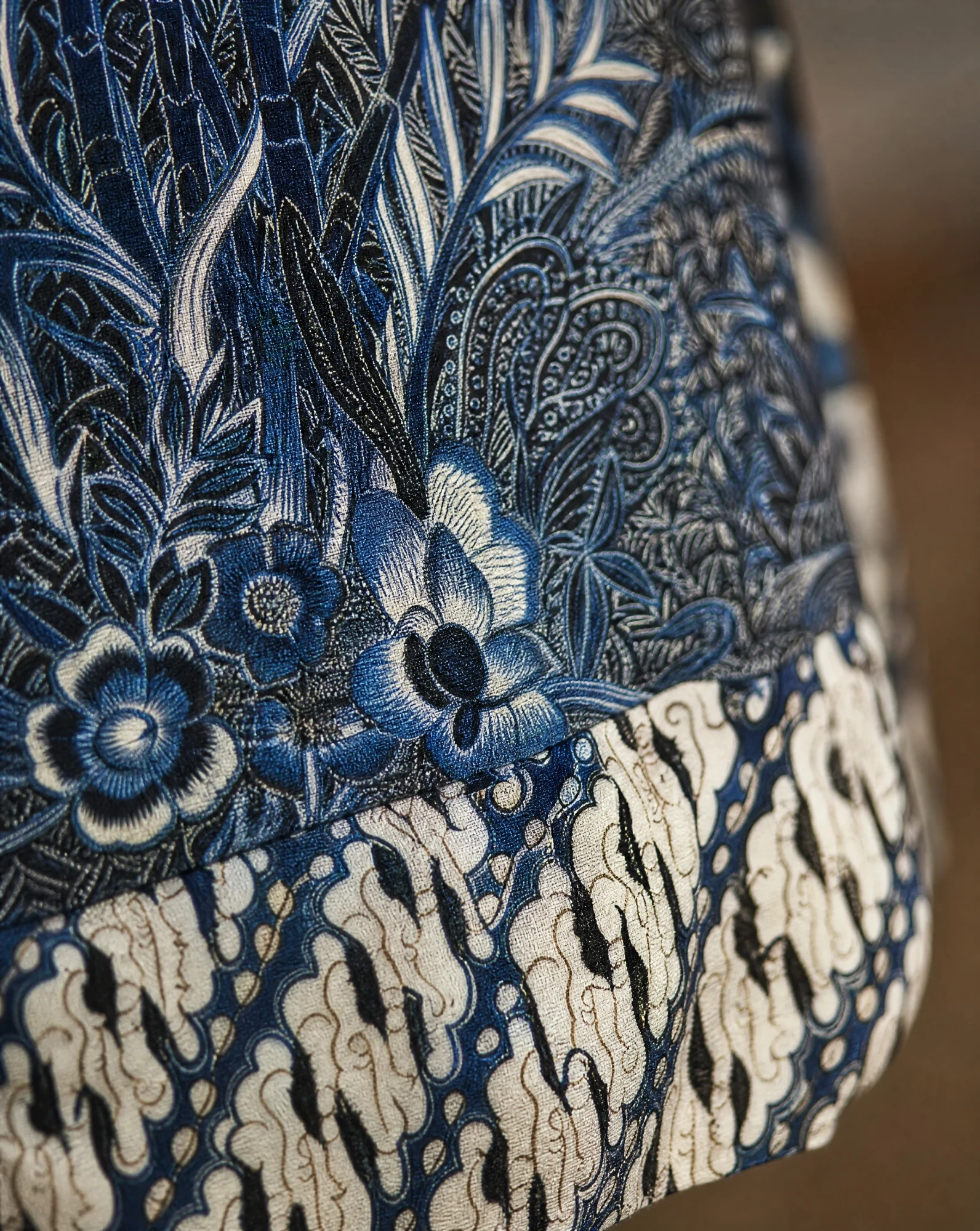 Indigo Batik Bamboo-Garden Short-Sleeve Camp Shirt — Deep Indigo Navy base with Sky-Blue Ivo — the printed t-shirts & shirts — VAUDRE numbered luxury — view 4