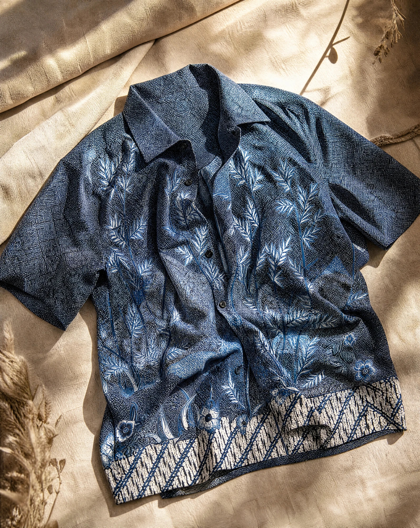 Indigo Batik Bamboo-Garden Short-Sleeve Camp Shirt — Deep Indigo Navy base with Sky-Blue Ivo — the printed t-shirts & shirts — VAUDRE numbered luxury — view 5
