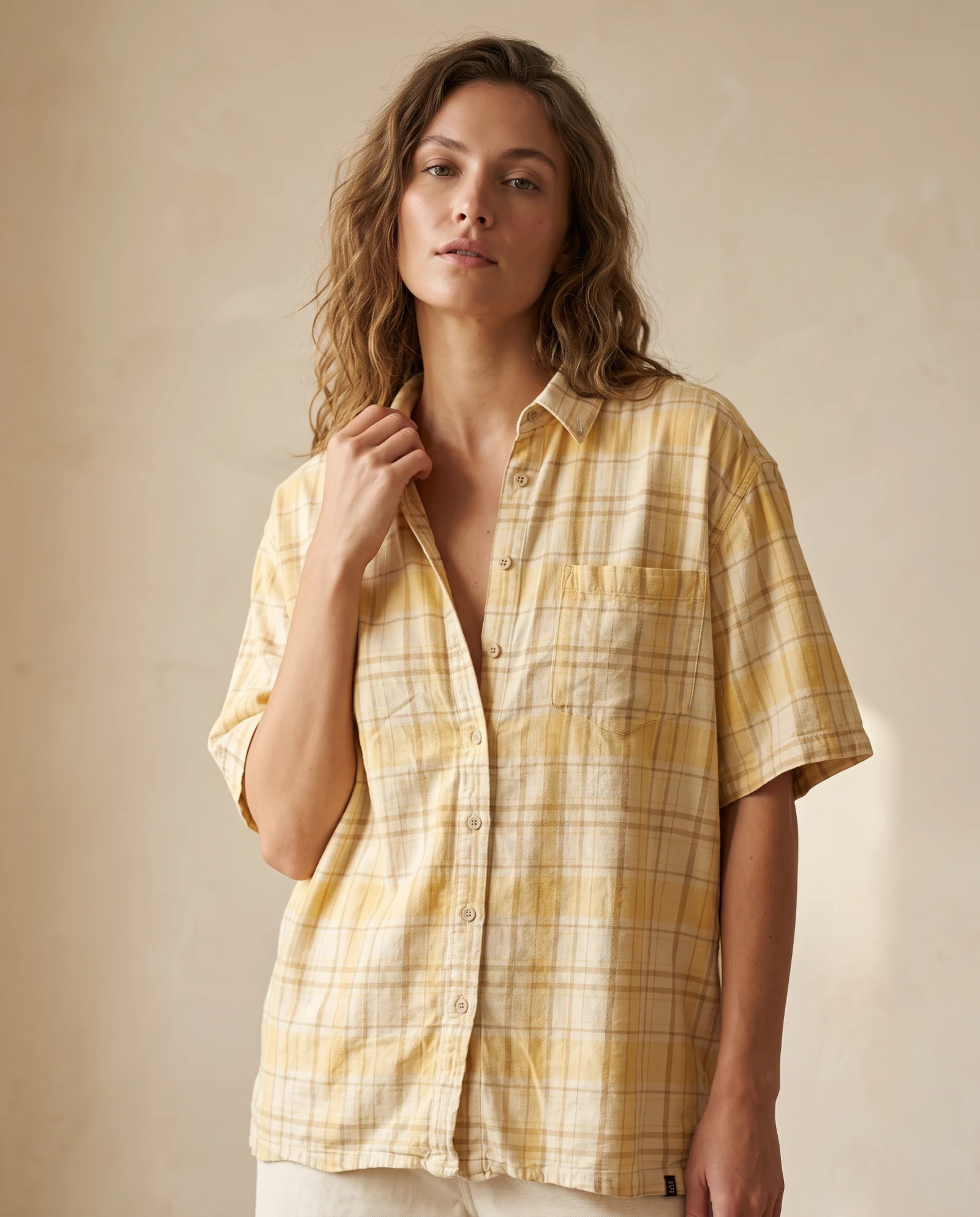 Butter Yellow Plaid Pocket Short-Sleeve Shirt — Butter Yellow & Ivory with Soft Tan Taup — the blouses — VAUDRE numbered luxury — view 2