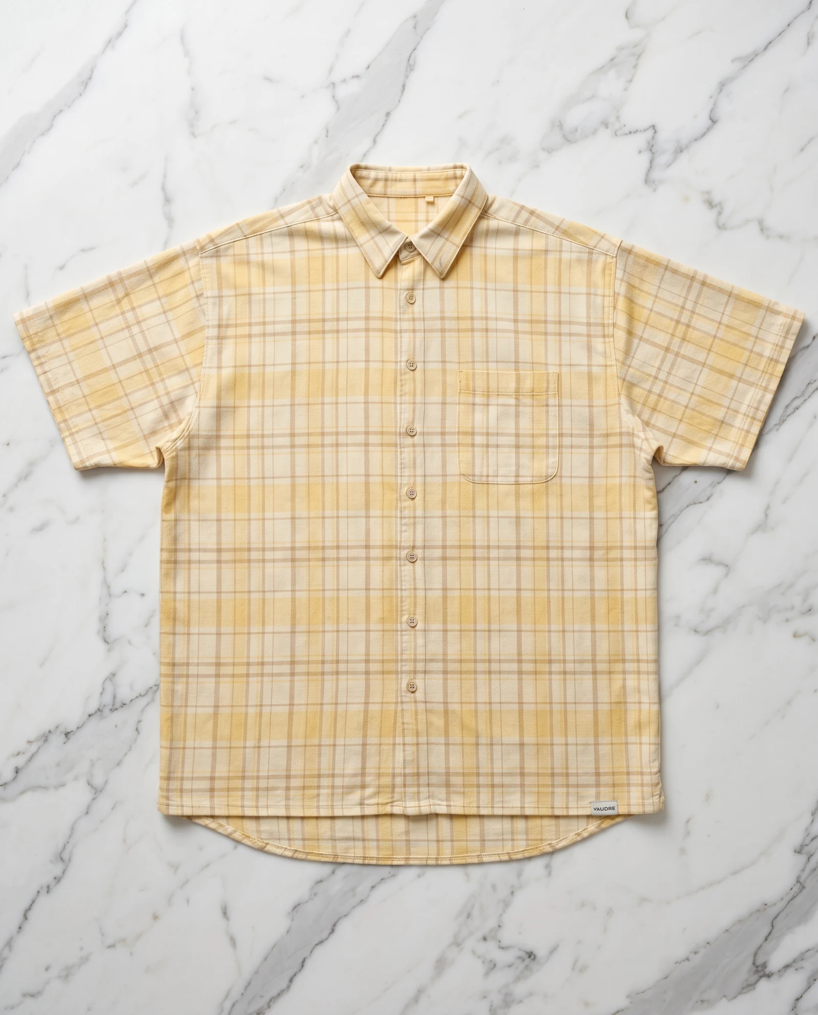 Butter Yellow Plaid Pocket Short-Sleeve Shirt — Butter Yellow & Ivory with Soft Tan Taup — the blouses — VAUDRE numbered luxury — view 4