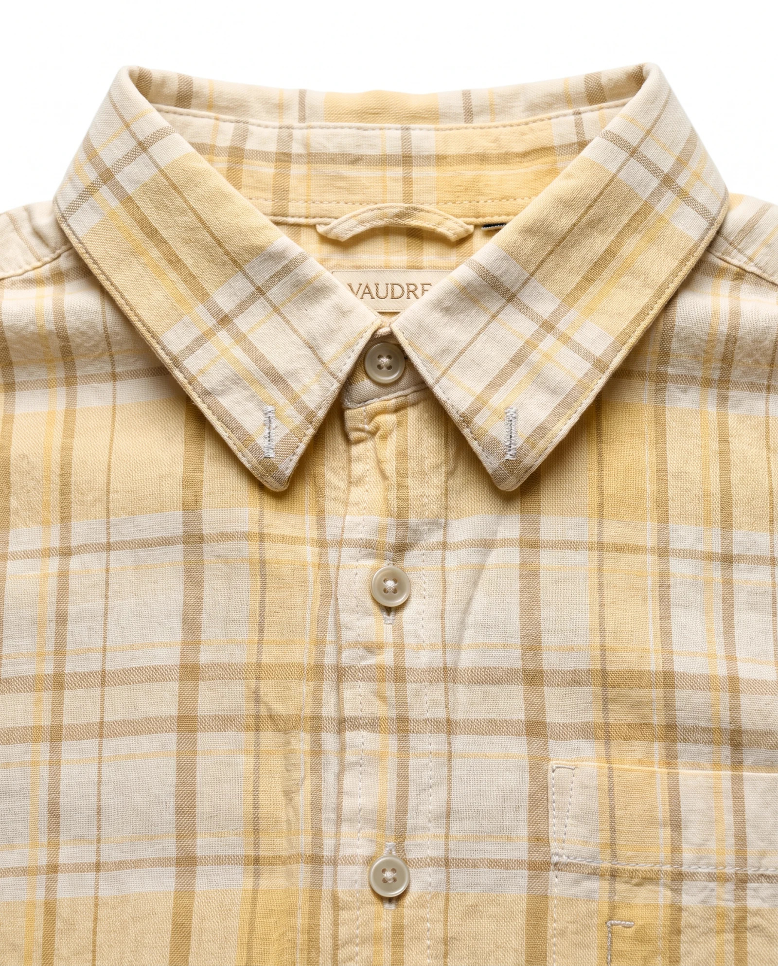 Butter Yellow Plaid Pocket Short-Sleeve Shirt — Butter Yellow & Ivory with Soft Tan Taup — the blouses — VAUDRE numbered luxury — view 5