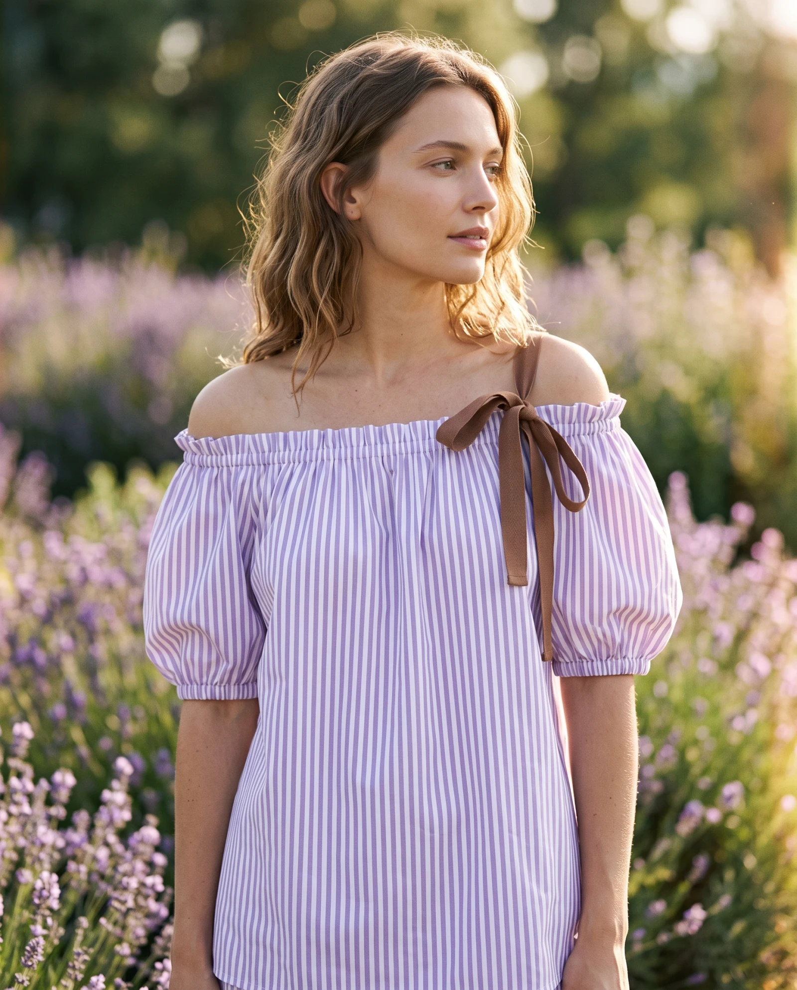 Lavender Stripe Off-Shoulder Puff-Sleeve Top — Lavender Purple & White Candy Stripe wit — the blouses — VAUDRE numbered luxury — view 2