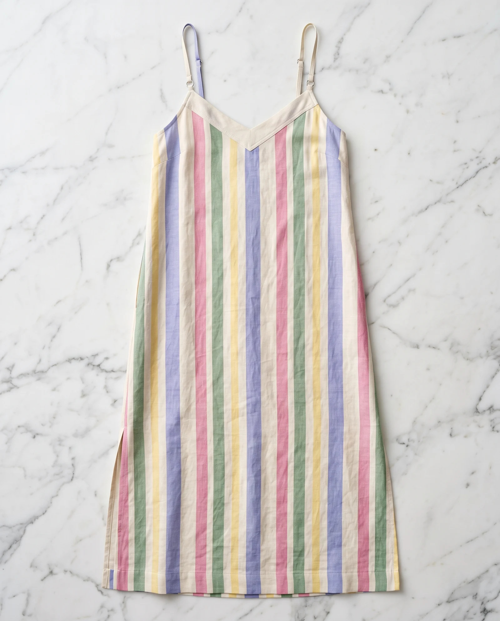 The Pastel Multi-Stripe Linen Slip Dress — Multi-color Pastel Stripes (Cream Dusty — resort wear — VAUDRE numbered luxury — view 4