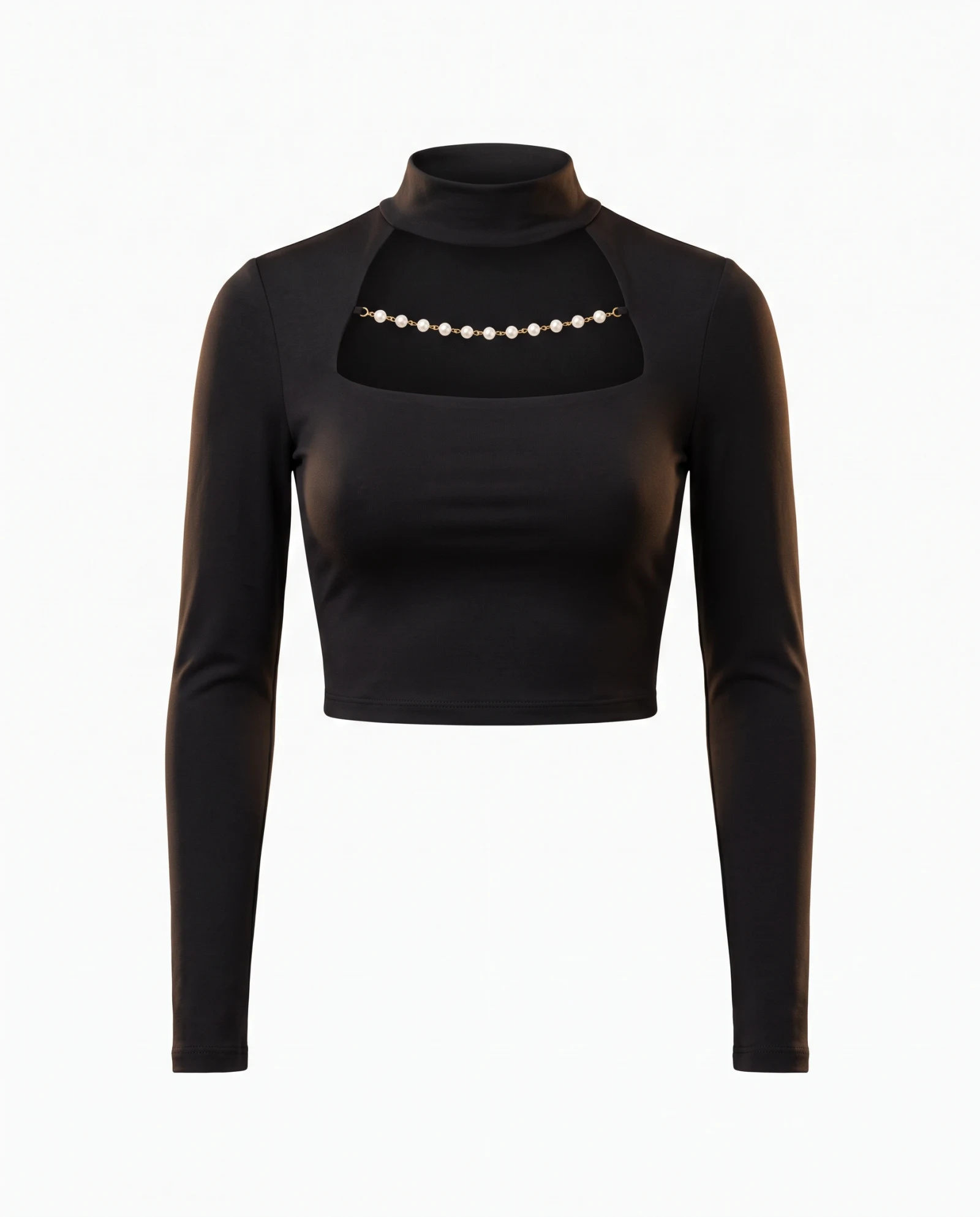 The Pearl-Embellished Cutout Crop Top — Midnight Black — crop tops — VAUDRE numbered luxury