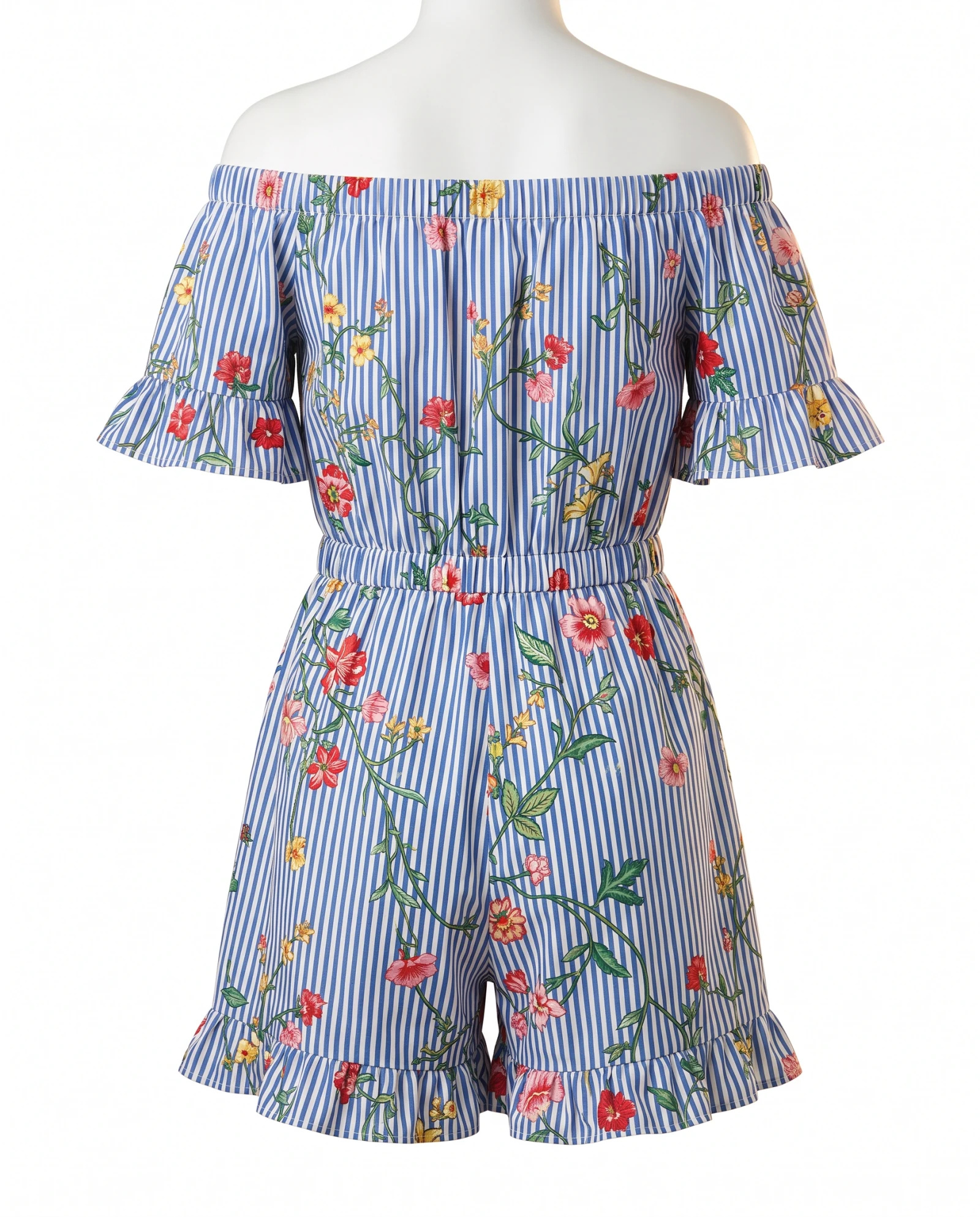 The Flora & Stripe Tiered Romper — Sky Blue & White Pinstripes with Multi-C — resort wear — VAUDRE numbered luxury — view 3