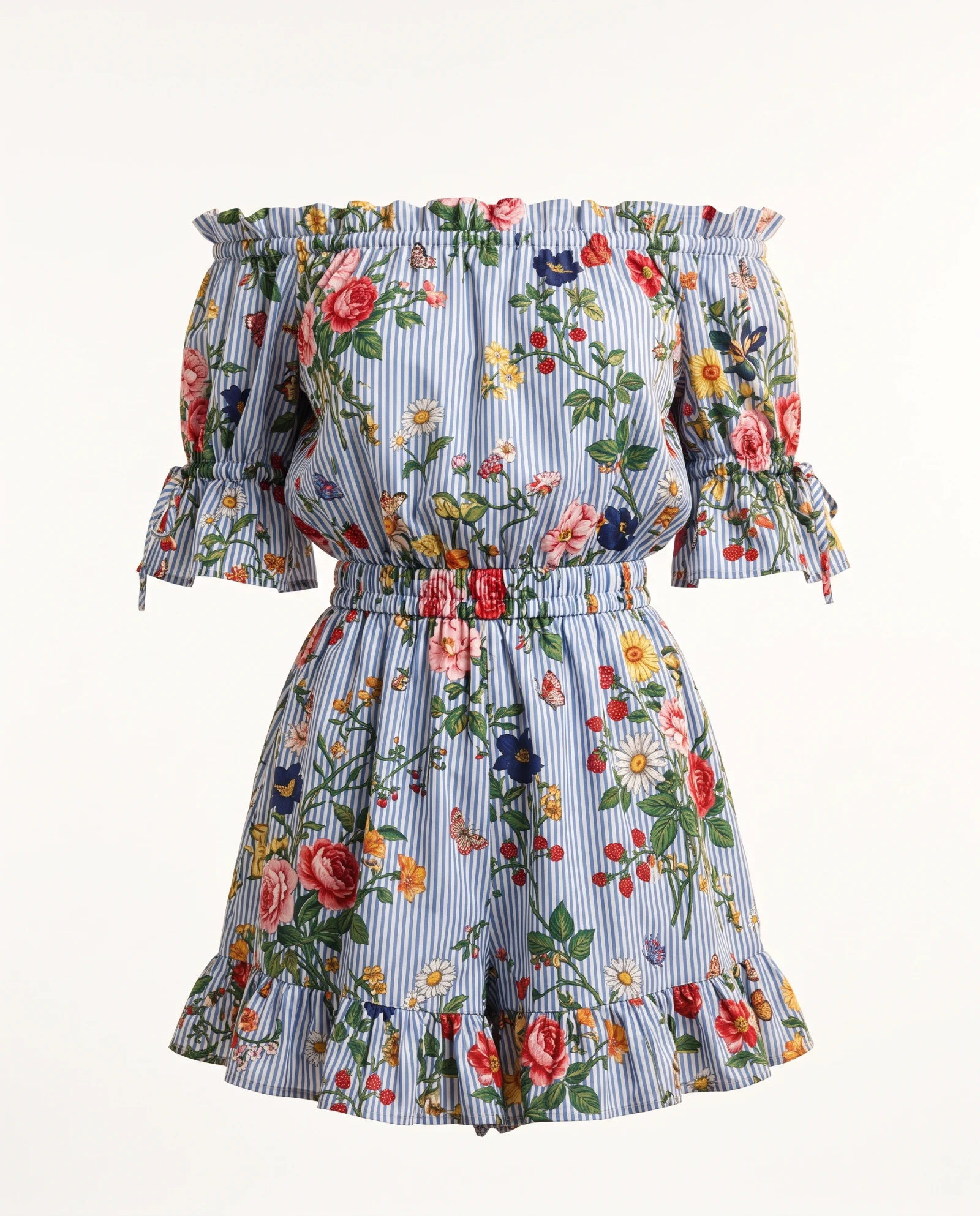The Flora & Stripe Tiered Romper — Sky Blue & White Pinstripes with Multi-C — resort wear — VAUDRE numbered luxury