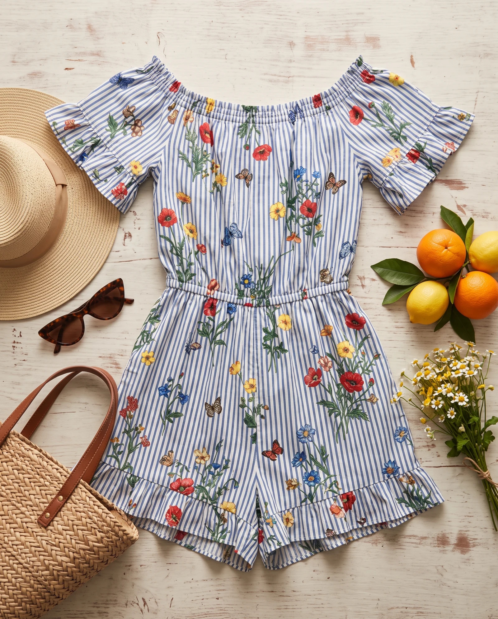 The Flora & Stripe Tiered Romper — Sky Blue & White Pinstripes with Multi-C — resort wear — VAUDRE numbered luxury — view 5