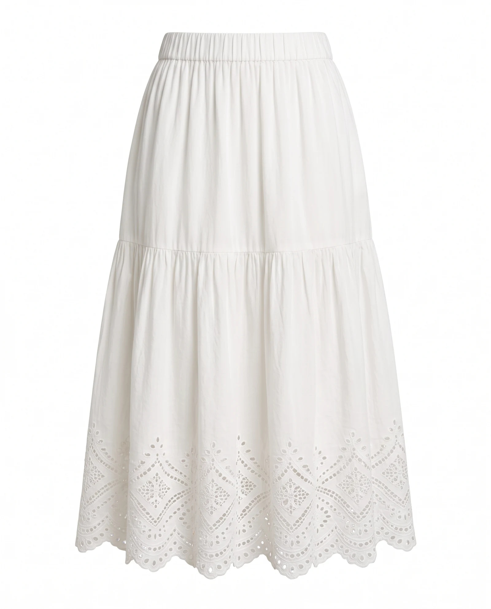 The Broderie Anglaise Tiered Cotton Midi Skirt — Crisp Optical White — the skirts — VAUDRE numbered luxury