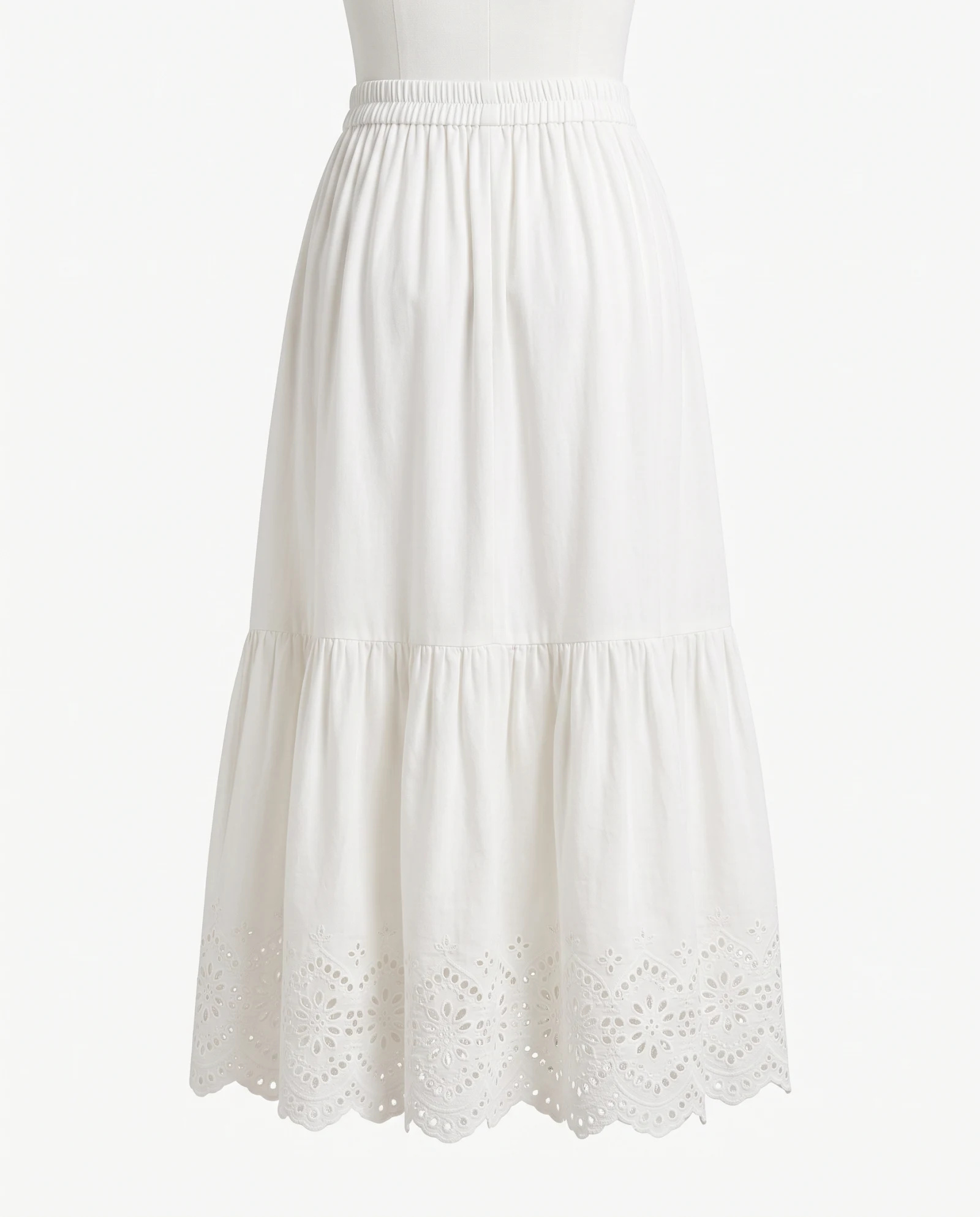 The Broderie Anglaise Tiered Cotton Midi Skirt — Crisp Optical White — the skirts — VAUDRE numbered luxury — view 3
