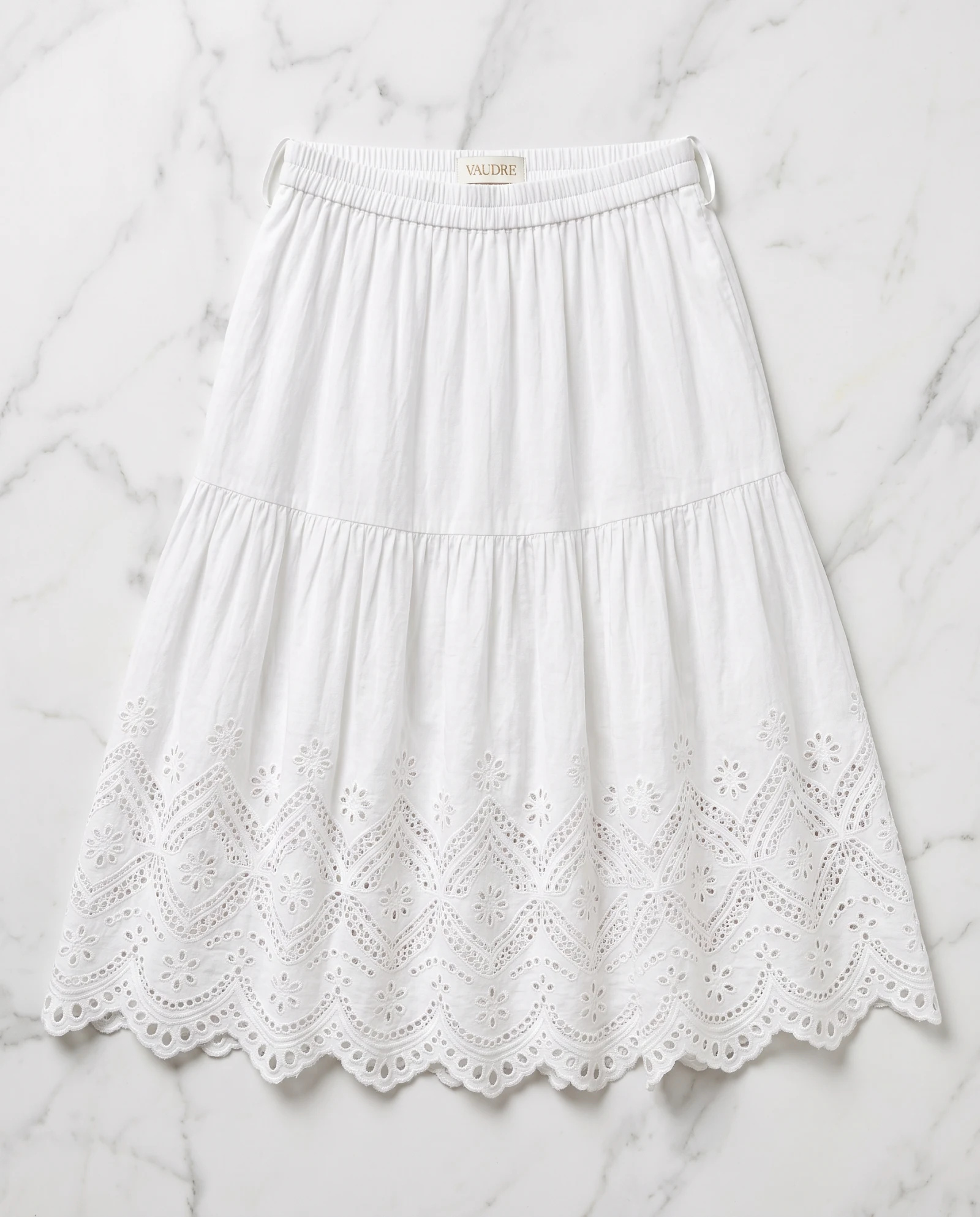 The Broderie Anglaise Tiered Cotton Midi Skirt — Crisp Optical White — the skirts — VAUDRE numbered luxury — view 4
