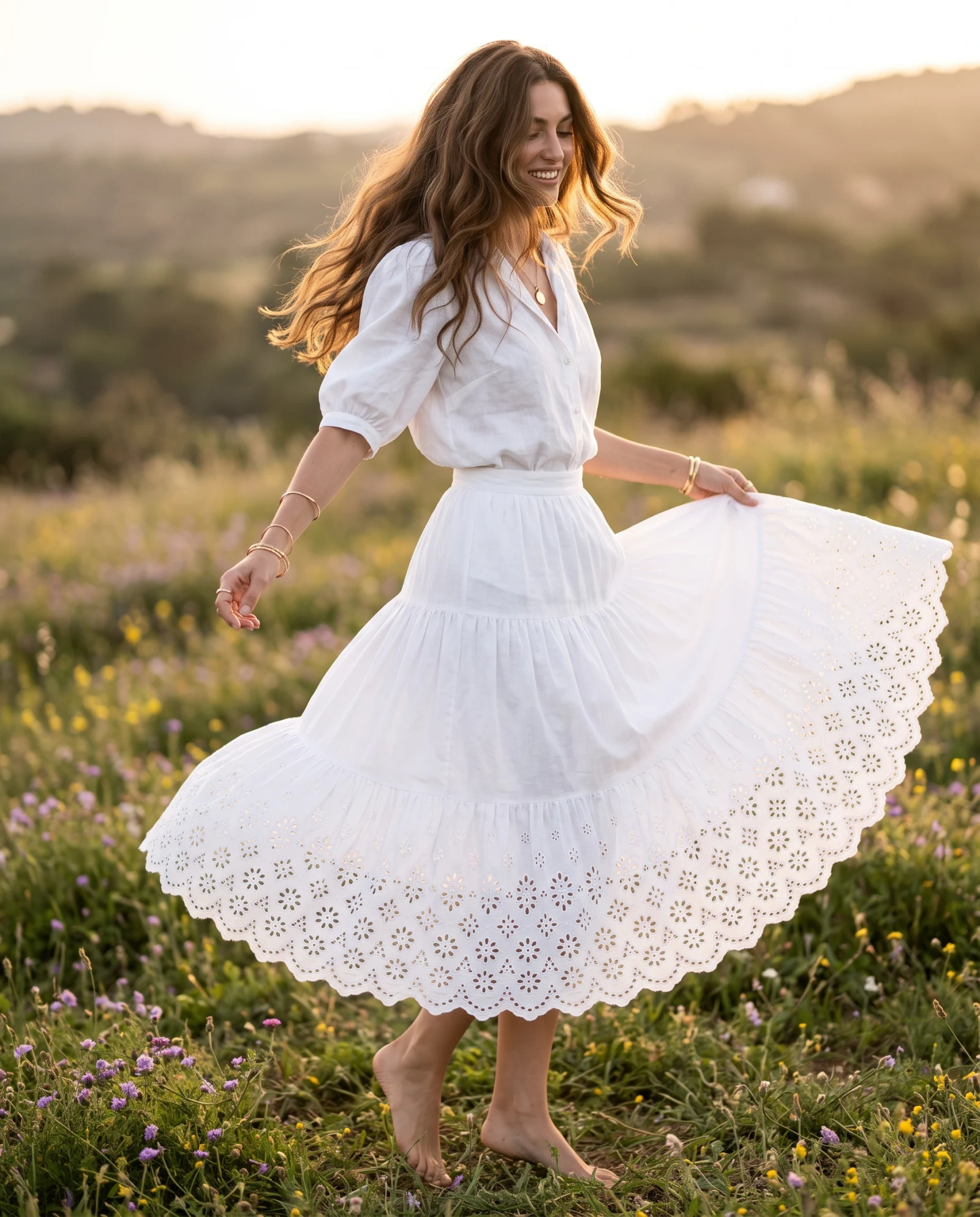 The Broderie Anglaise Tiered Cotton Midi Skirt — Crisp Optical White — the skirts — VAUDRE numbered luxury — view 2