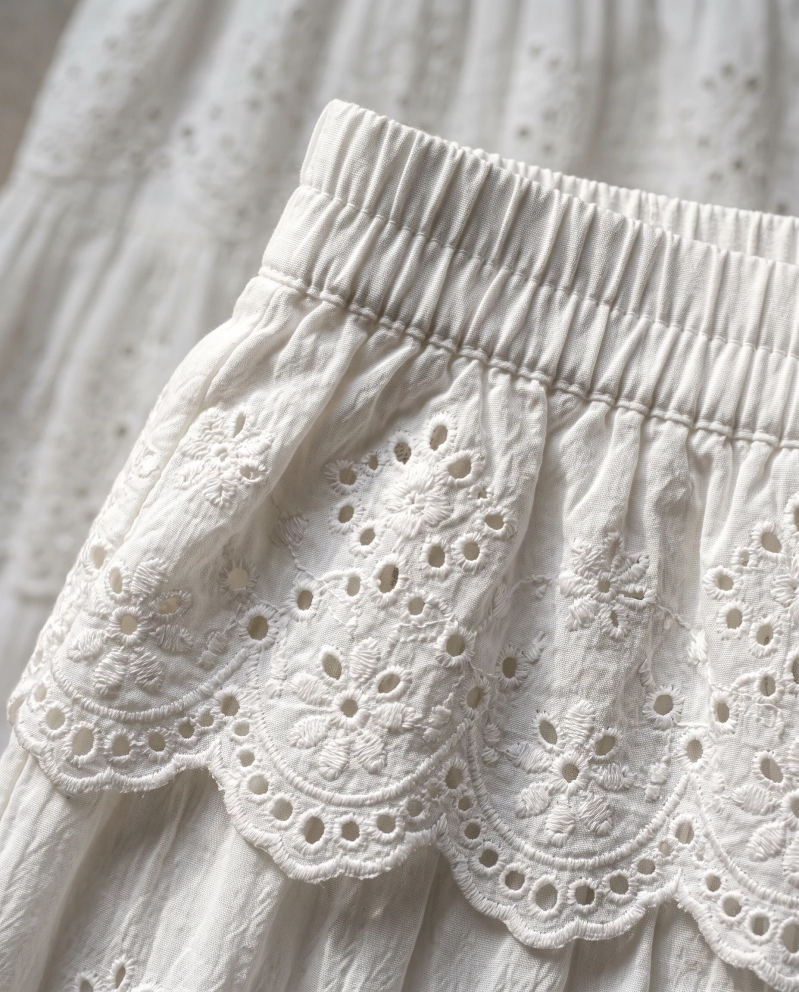 The Broderie Anglaise Tiered Cotton Midi Skirt — Crisp Optical White — the skirts — VAUDRE numbered luxury — view 5