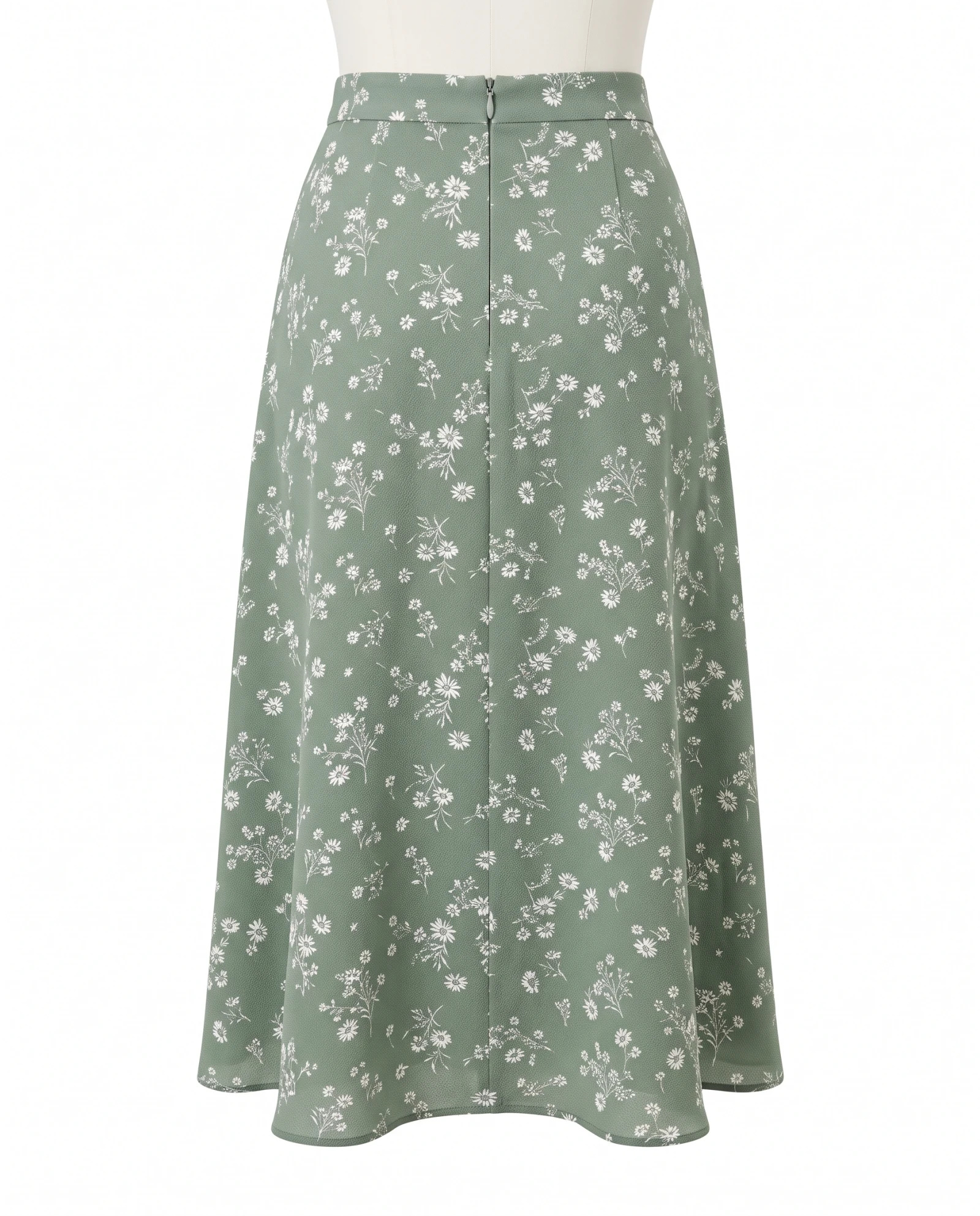 The Meadow Floral Crepe Slit Midi Skirt — Sage Green with Ivory Daisy Ditsy Print — the skirts — VAUDRE numbered luxury — view 3