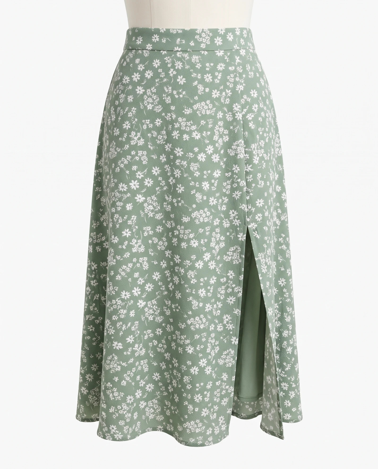 The Meadow Floral Crepe Slit Midi Skirt — Sage Green with Ivory Daisy Ditsy Print — the skirts — VAUDRE numbered luxury