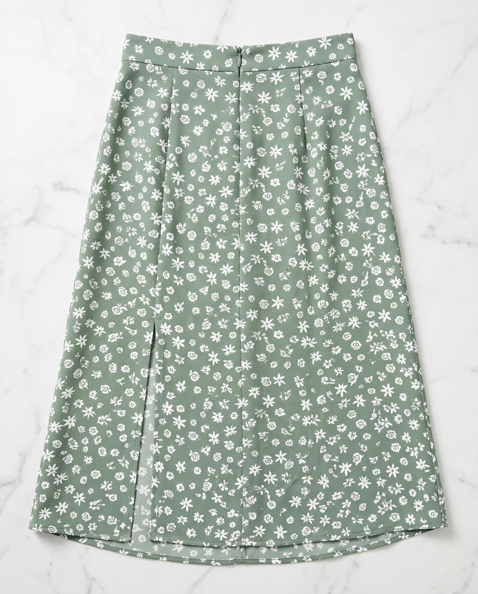 The Meadow Floral Crepe Slit Midi Skirt — Sage Green with Ivory Daisy Ditsy Print — the skirts — VAUDRE numbered luxury — view 4