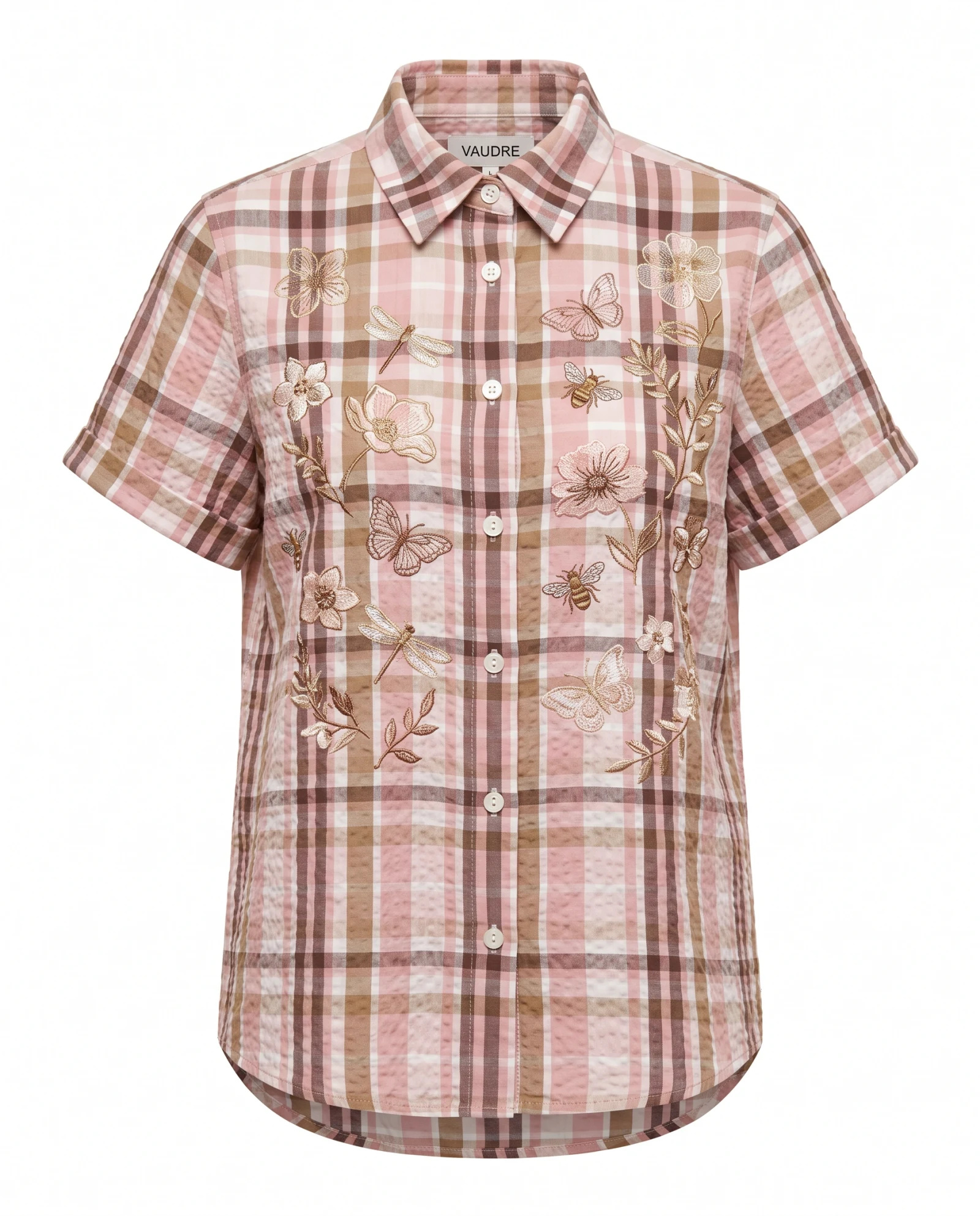 The Meadow Botanicals Seersucker Check Blouse — Pink Taupe & Cream Gingham Check with G — the blouses — VAUDRE numbered luxury