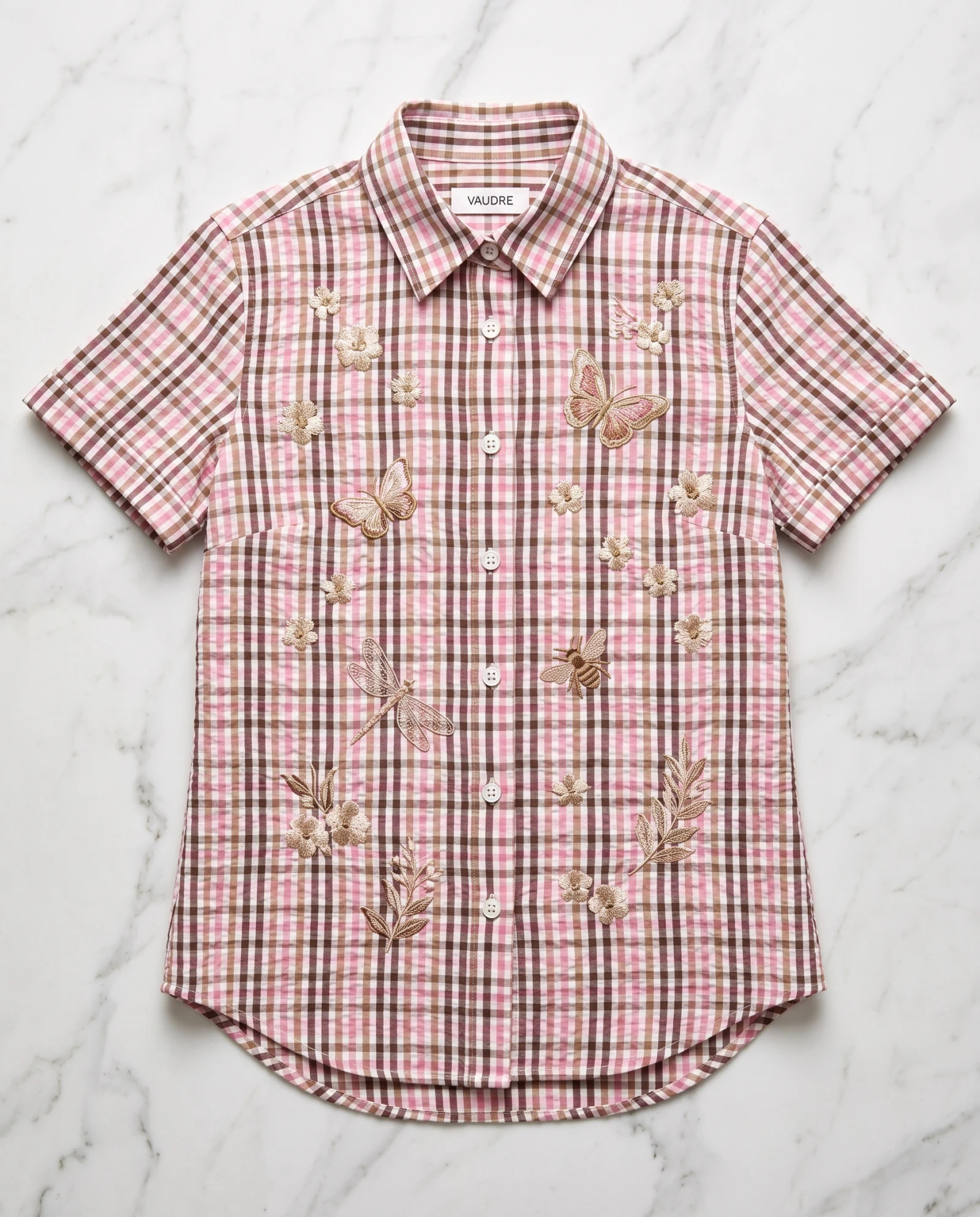 The Meadow Botanicals Seersucker Check Blouse — Pink Taupe & Cream Gingham Check with G — the blouses — VAUDRE numbered luxury — view 4