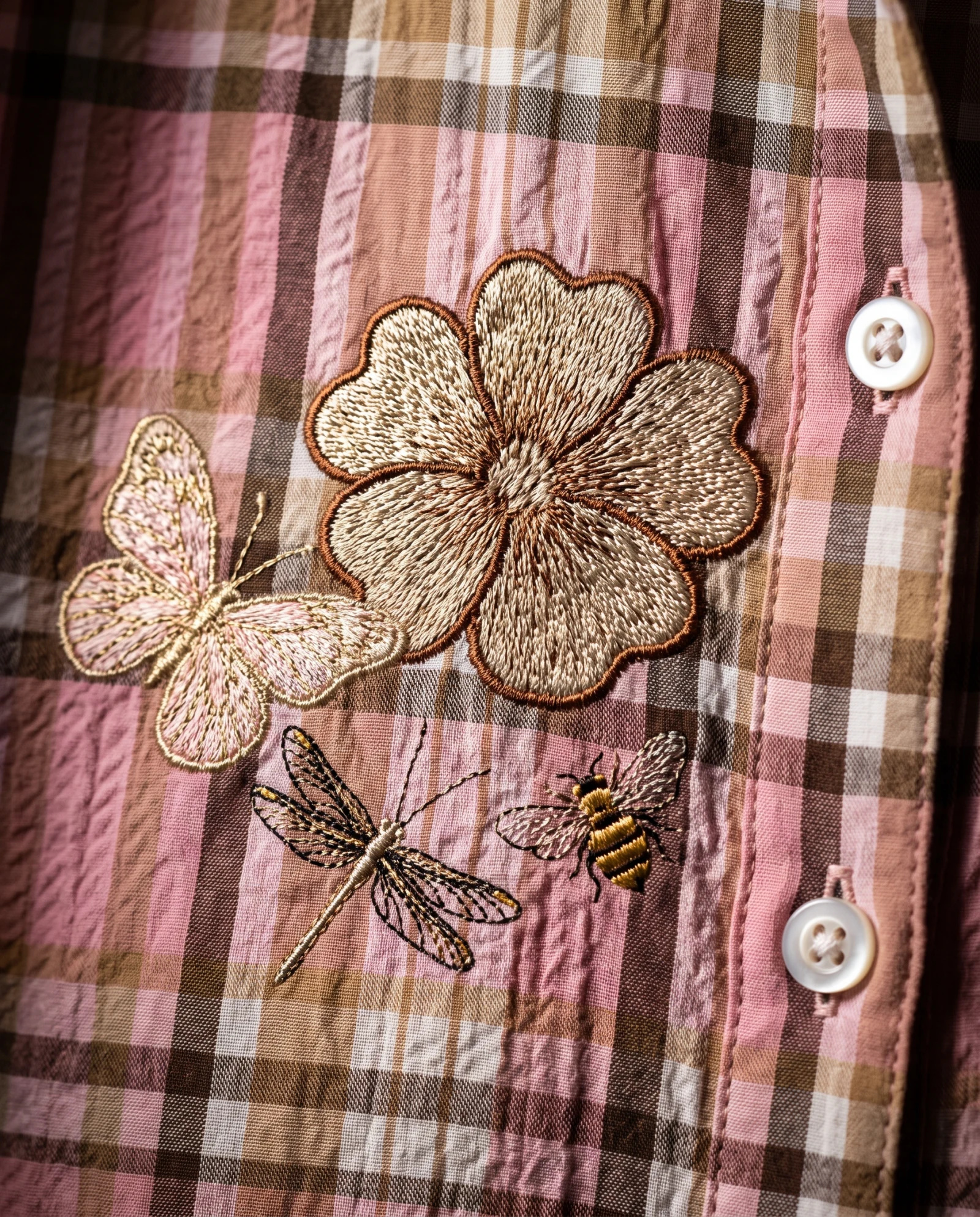 The Meadow Botanicals Seersucker Check Blouse — Pink Taupe & Cream Gingham Check with G — the blouses — VAUDRE numbered luxury — view 5