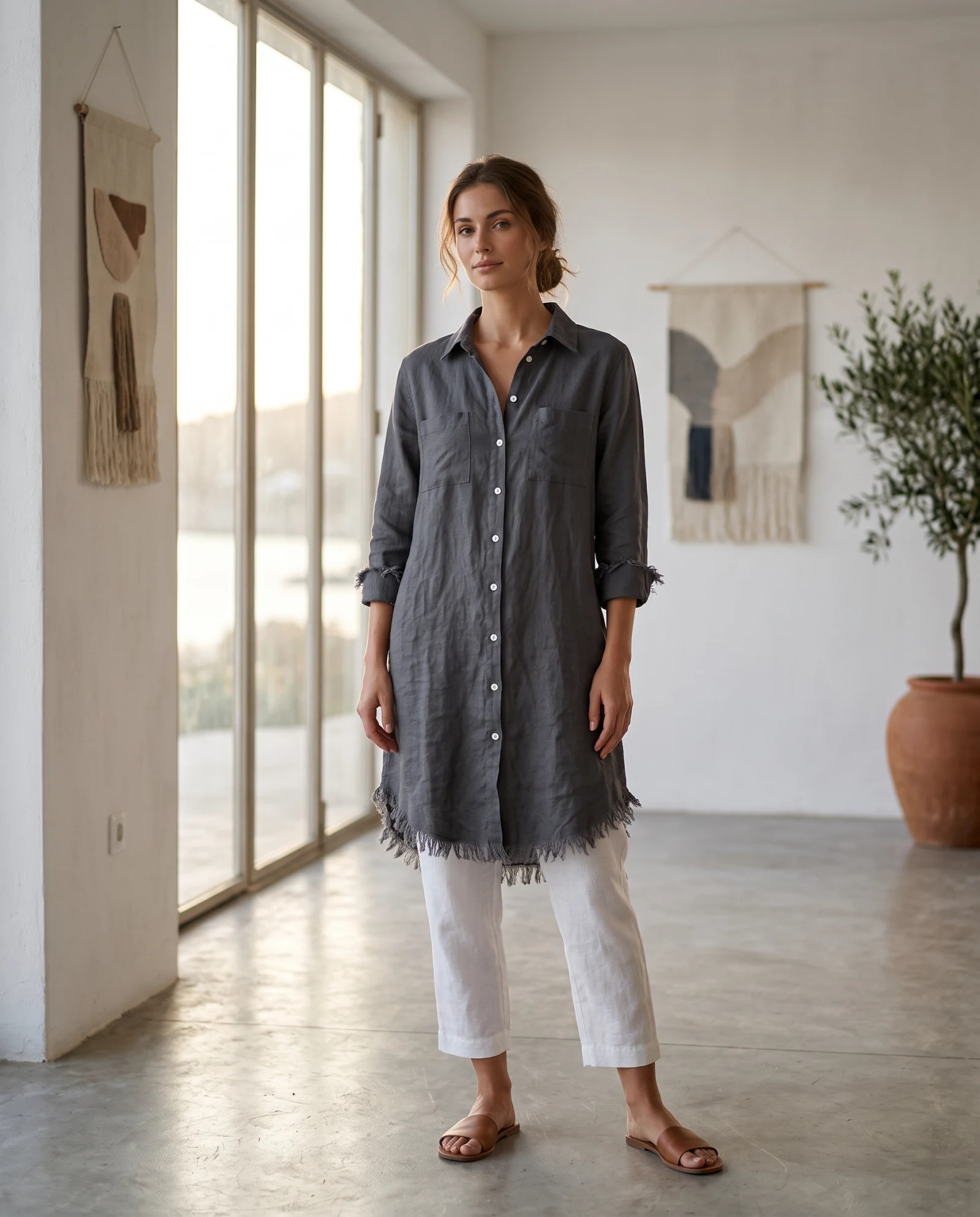 The Raw-Fringe Charcoal Linen Tunic Shirt — Washed Charcoal Slate — the linen edit — VAUDRE numbered luxury — view 2