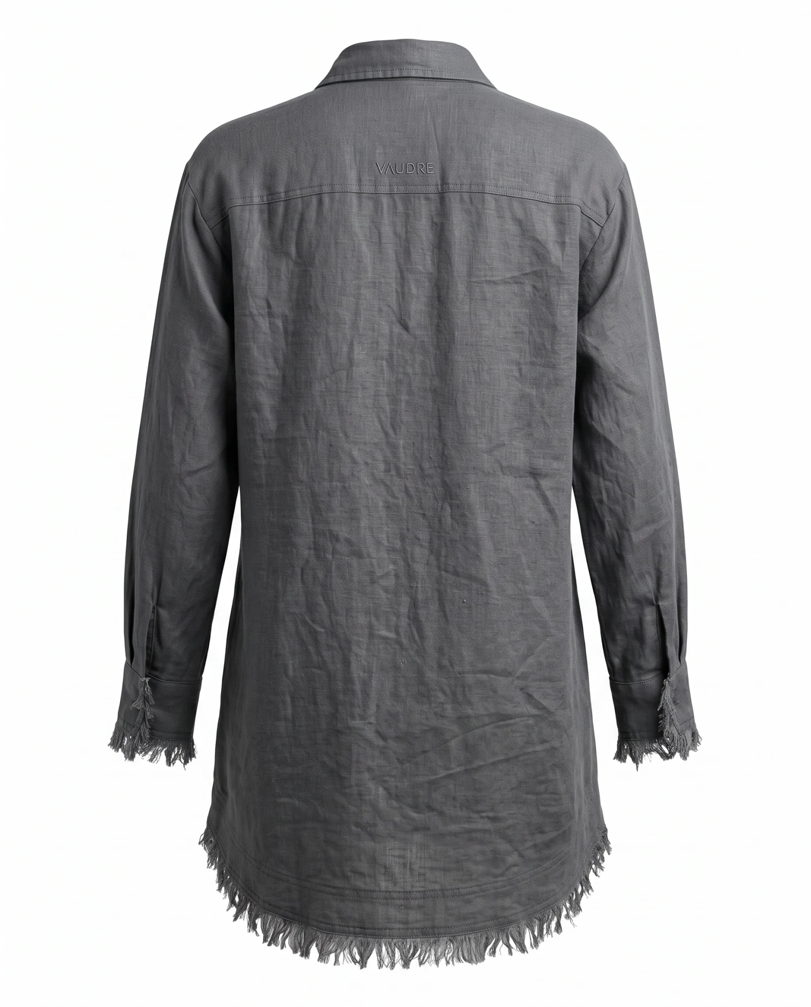 The Raw-Fringe Charcoal Linen Tunic Shirt — Washed Charcoal Slate — the linen edit — VAUDRE numbered luxury — view 3