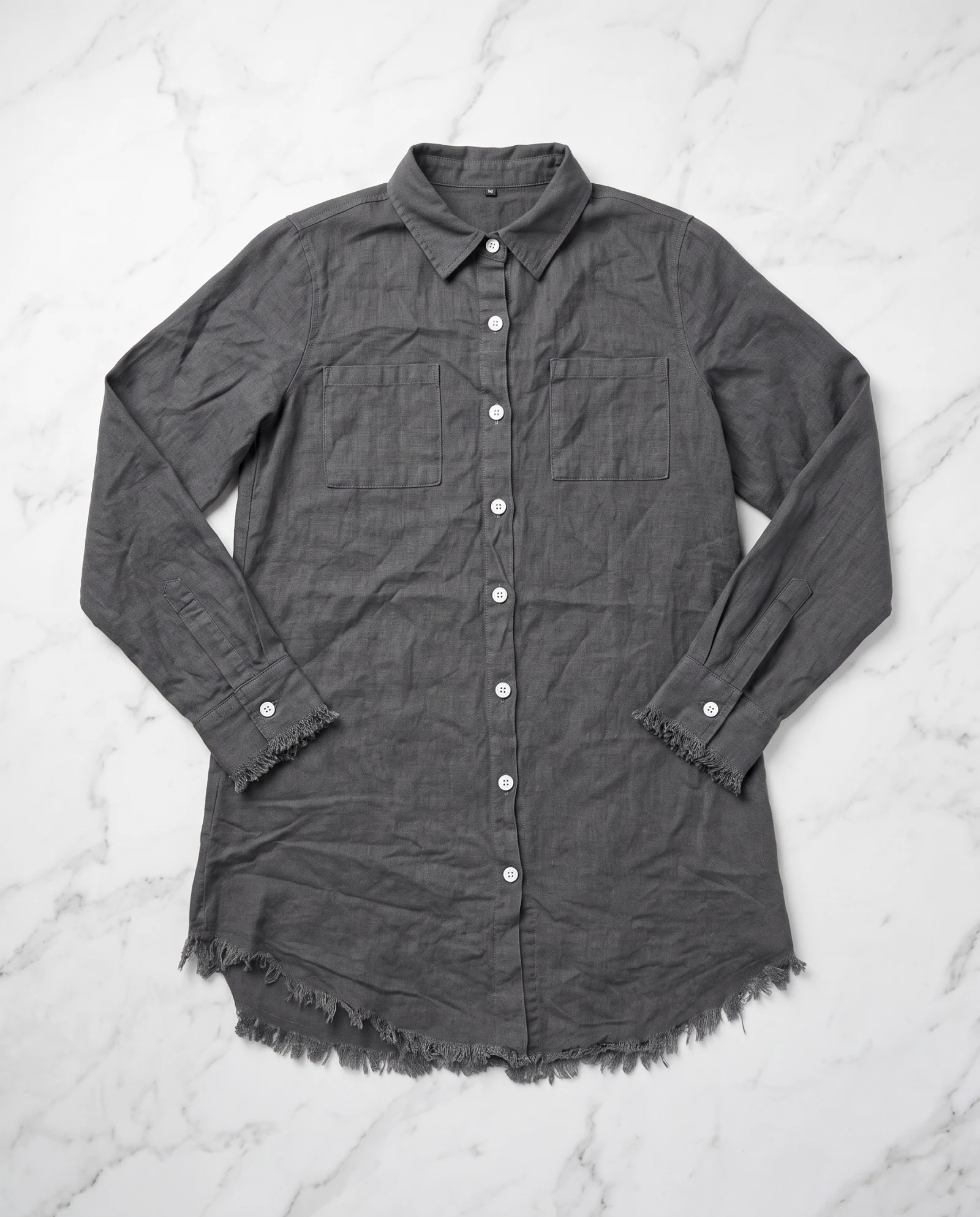 The Raw-Fringe Charcoal Linen Tunic Shirt — Washed Charcoal Slate — the linen edit — VAUDRE numbered luxury — view 4