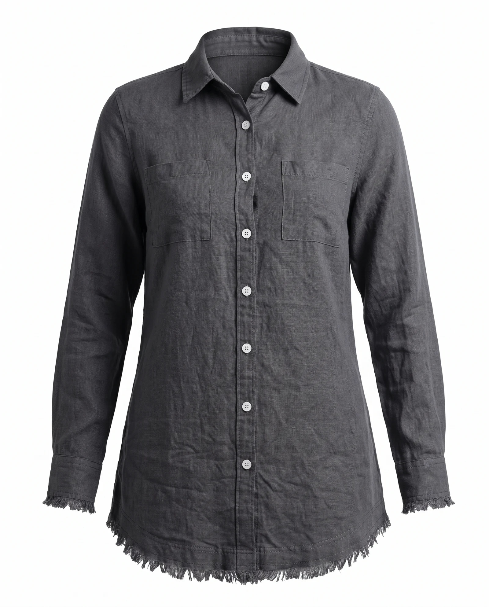 The Raw-Fringe Charcoal Linen Tunic Shirt — Washed Charcoal Slate — the linen edit — VAUDRE numbered luxury