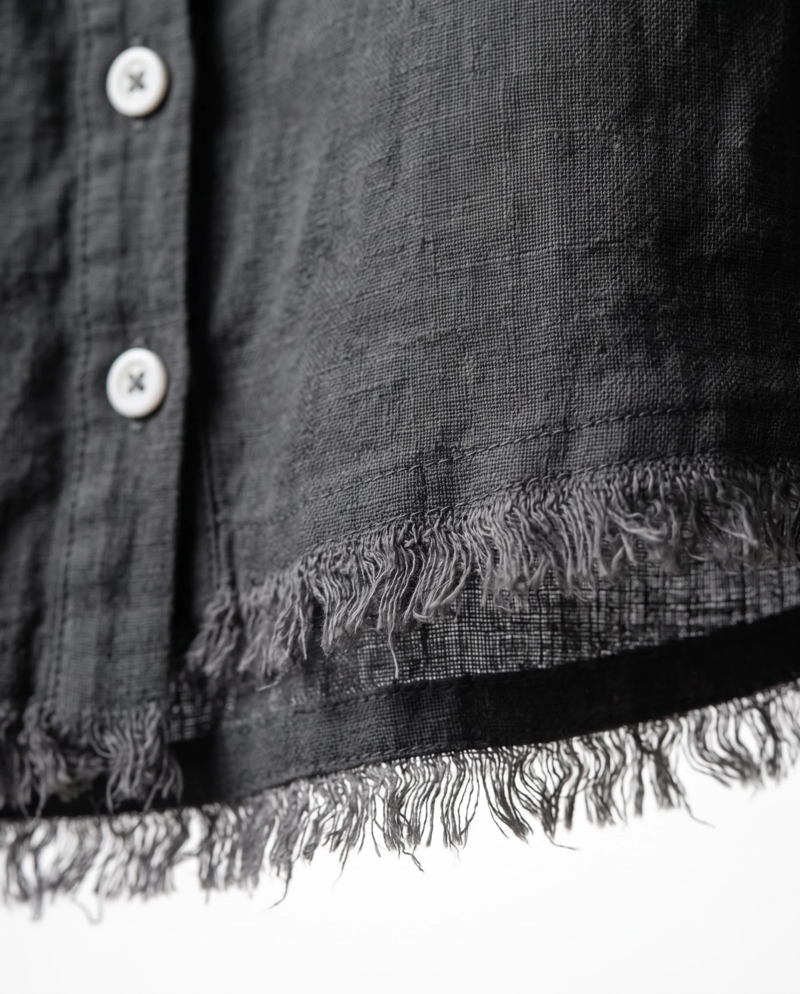The Raw-Fringe Charcoal Linen Tunic Shirt — Washed Charcoal Slate — the linen edit — VAUDRE numbered luxury — view 5