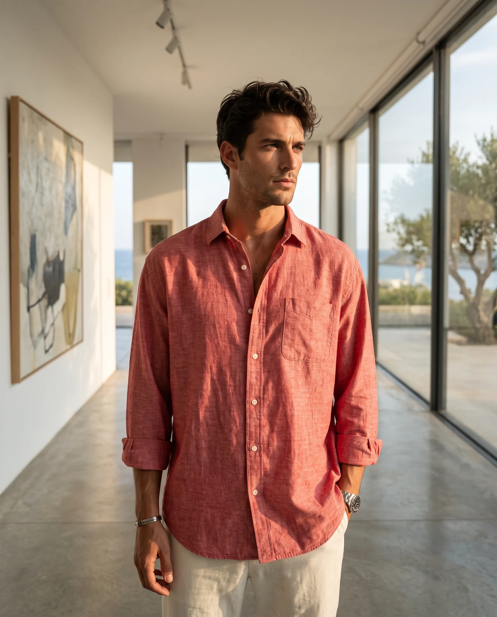 The Terracotta Melange Linen Long-Sleeve Shirt — Terracotta Coral Melange — the linen — VAUDRE numbered luxury — view 2