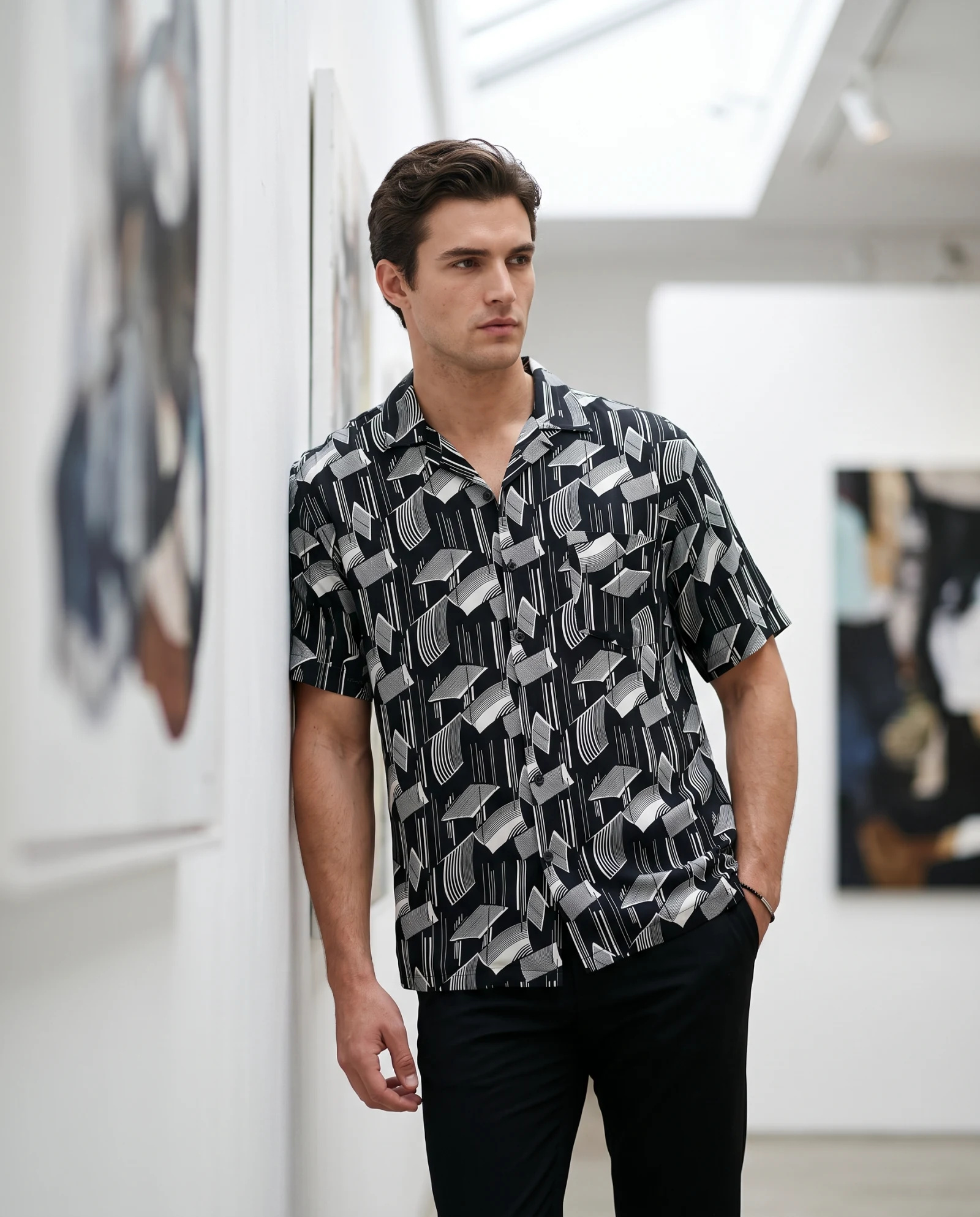 The Cubist Kinetic Silk-Blend Resort Shirt — Monochrome Black & Off-White — resort & beach wear — VAUDRE numbered luxury — view 2