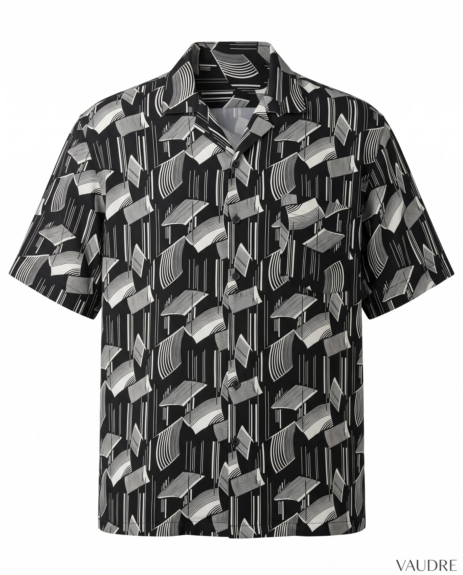 The Cubist Kinetic Silk-Blend Resort Shirt — Monochrome Black & Off-White — resort & beach wear — VAUDRE numbered luxury