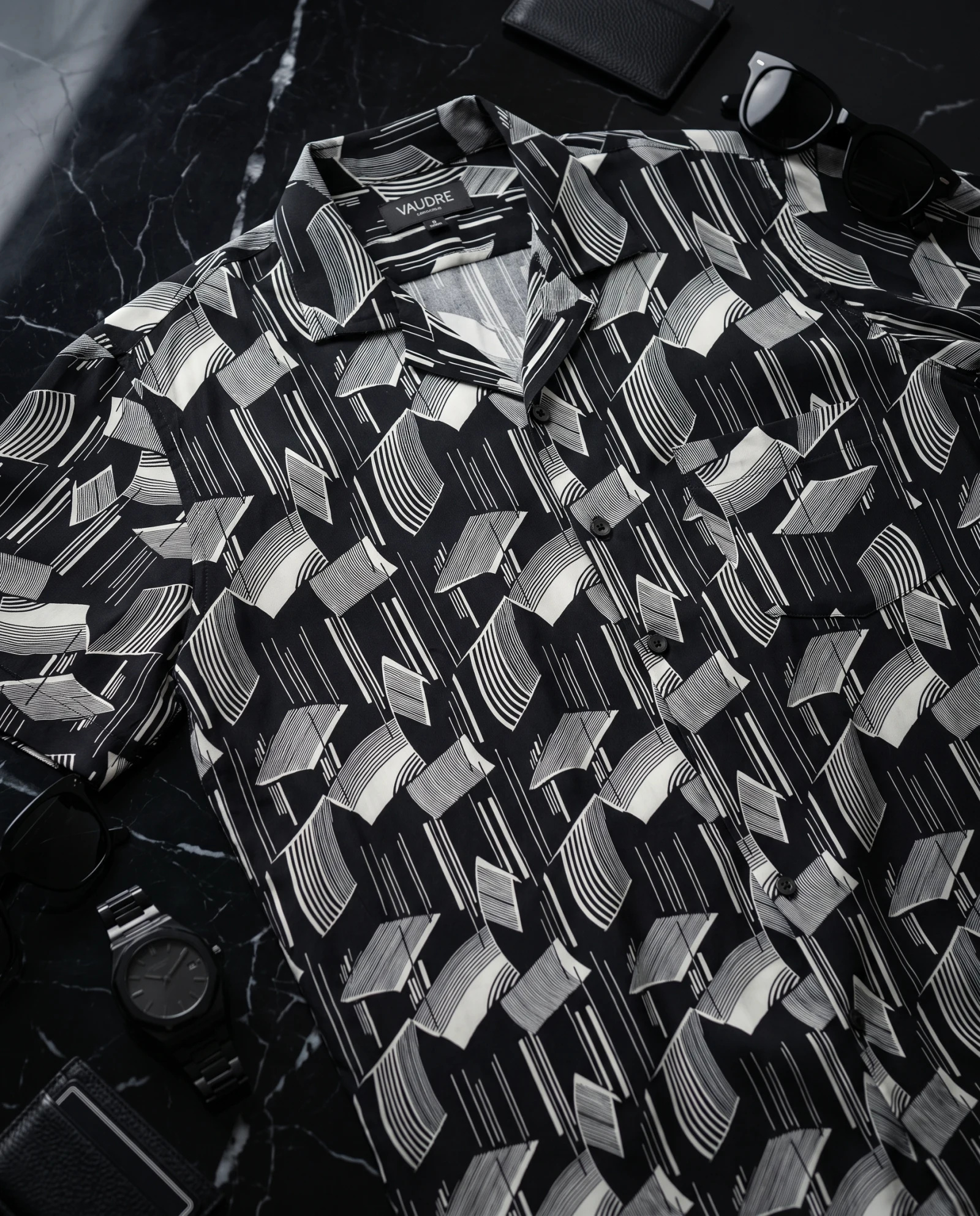 The Cubist Kinetic Silk-Blend Resort Shirt — Monochrome Black & Off-White — resort & beach wear — VAUDRE numbered luxury — view 4