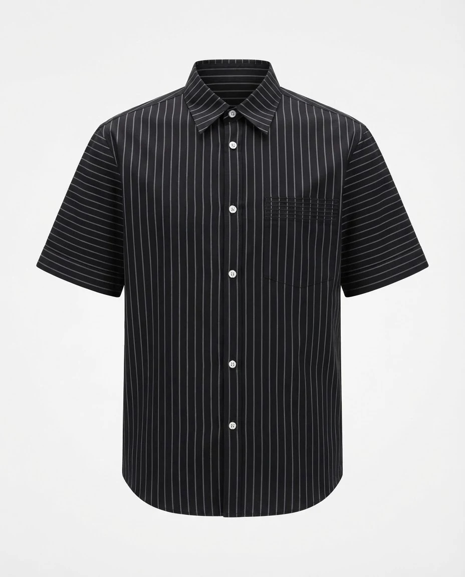 The Pinstripe Architectural Camp-Collar Shirt — Jet Black with Fine White Vertical & Hor — the shirt (casual/formal) — VAUDRE numbered luxury