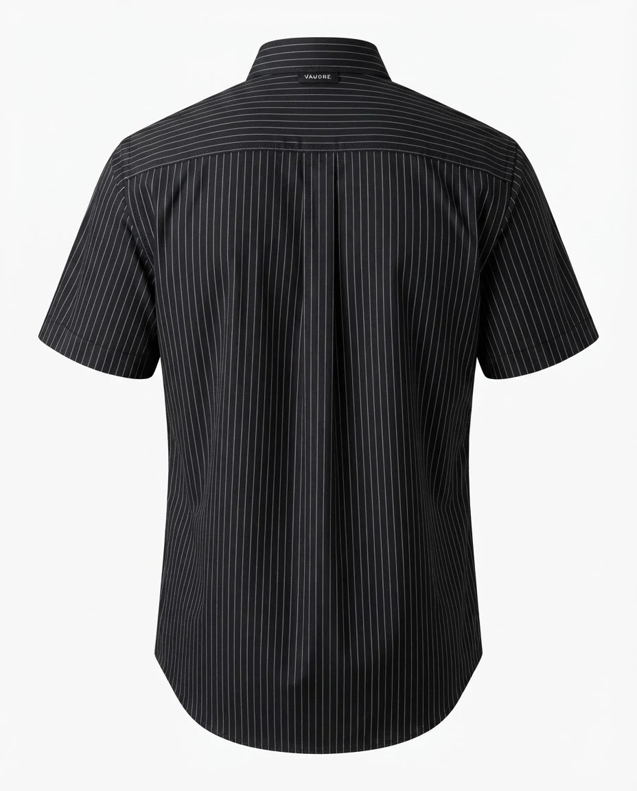 The Pinstripe Architectural Camp-Collar Shirt — Jet Black with Fine White Vertical & Hor — the shirt (casual/formal) — VAUDRE numbered luxury — view 3
